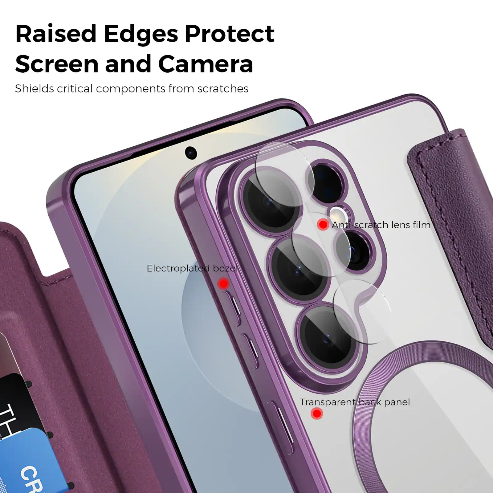 Raised Edges Protect Screen and Camera  
Shields critical components from scratches  

- Anti-scratch lens film  
- Electroplated bezel  
- Transparent back panel