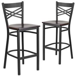 Emma + Oliver - 2 Pack "X" Back Metal Restaurant Barstool - Walnut Wood Seat/Black Metal Frame