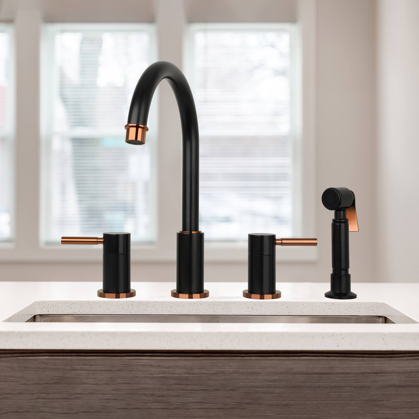 Alt View 6. Akicon - Akicon Solid Brass Double-Handle 360° Swivel Widespread Kitchen Faucet with Side Sprayer in Matte Black & Rose Gold - Matte Black & Rose Gold.