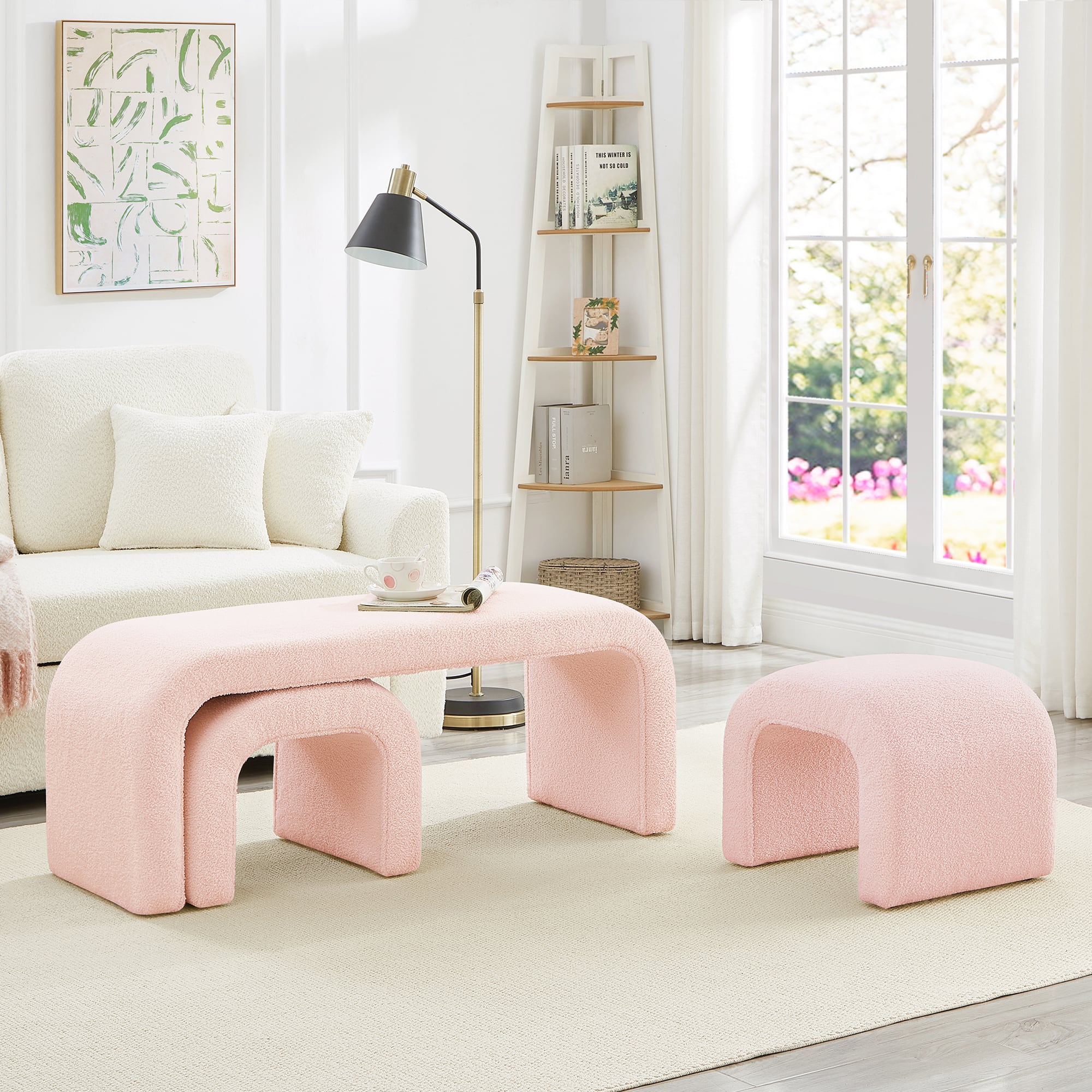 APRILSOUL - Set of 3 U-Shaped Modern Bench Teddy Ottoman Entryway Bedroom Living Room - Pink