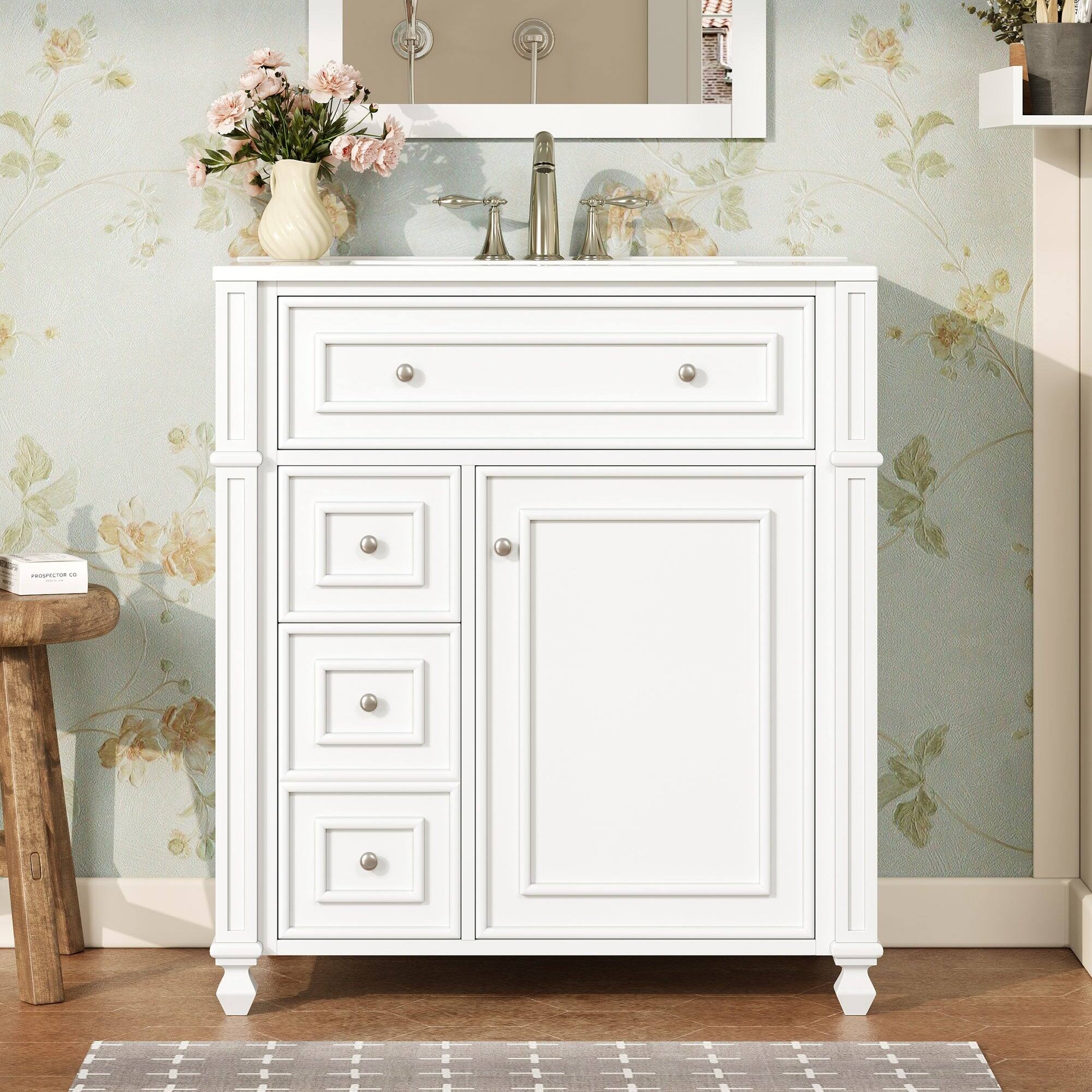 Alt View 4. Boyel Living - 30 Inch French Style Bathroom Vanity with Ceramic Sink and Storage White - White.