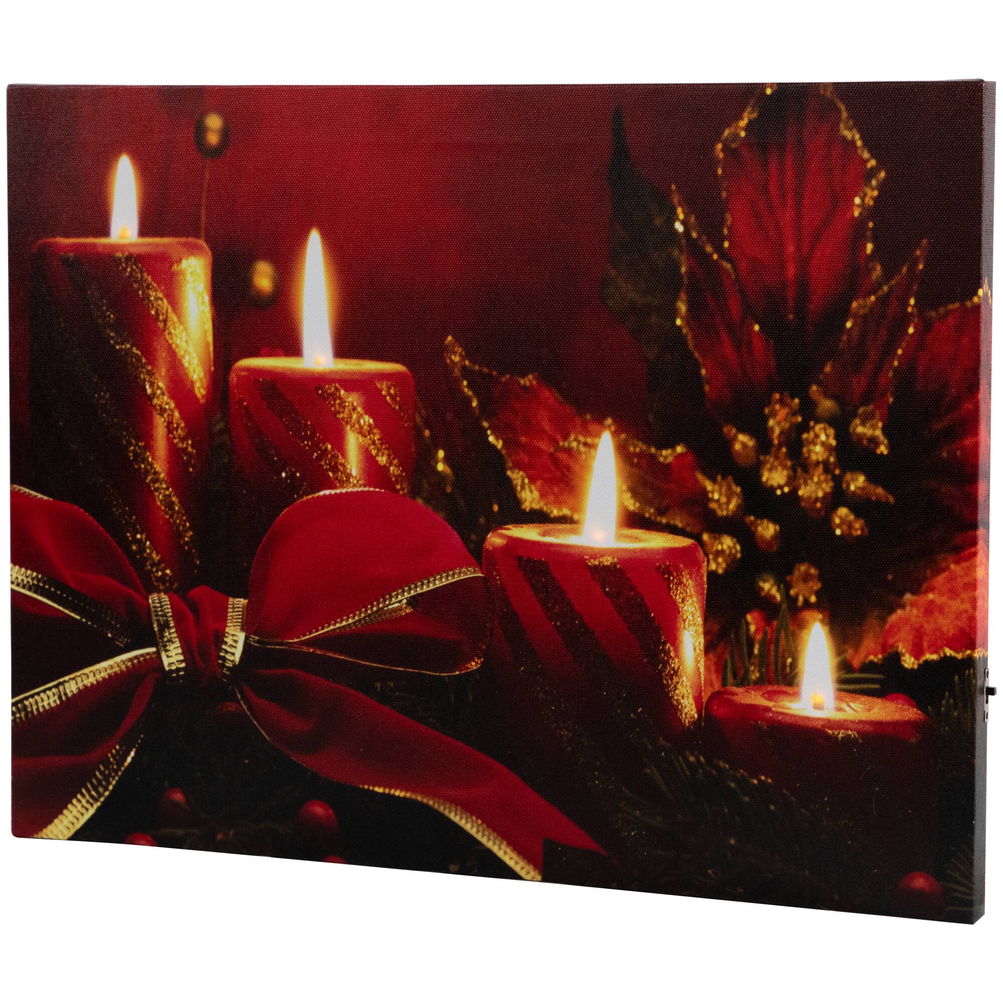 Alt View 1. Northlight - LED Lighted Glitter Striped Candles with Poinsettia Christmas Wall Art - 12" x 15.75" - Red.