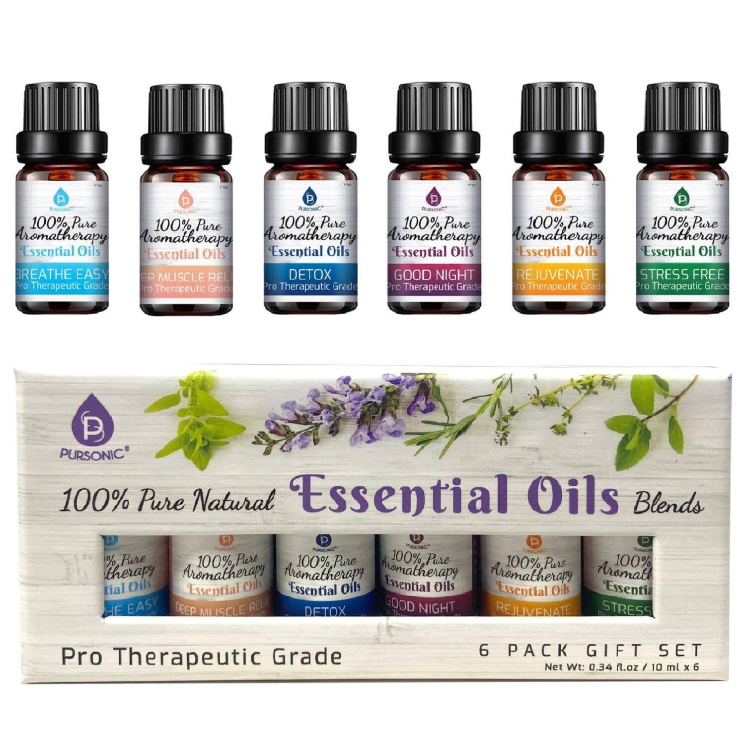 Sure, here is the corrected and grouped text from the image:

---

**Pursonic**

**100% Pure Natural Essential Oils Blends**

**Pro Therapeutic Grade**

**6 PACK GIFT SET**

**Net Wt: 0.34 fl.oz (10 ml) x 6**

---

**BREATHE EASY**

**DEEP MUSCLE RELAX**

**DETOX**

**GOOD NIGHT**

**REJUVENATE**

**STRESS FREE**

---

**100% Pure Aromatherapy Essential Oils**

**Pro Therapeutic Grade**

---

**Pursonic**

**100% Pure Aromatherapy Essential Oils**

**Pro Therapeutic Grade**

---

**Pursonic**

**100% Pure Aromatherapy Essential Oils**

**Pro Therapeutic Grade**

---

**Pursonic**

**100% Pure Aromatherapy Essential Oils**

**Pro Therapeutic Grade**

---

**Pursonic**

**100% Pure Aromatherapy Essential Oils**

**Pro Therapeutic Grade**

---

**Pursonic**

**100% Pure Aromatherapy Essential Oils**

