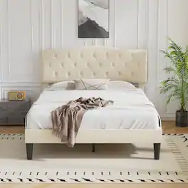 Vecelo - Queen Upholstered Platform Bed Frame with Adjustable Tufted Headboard, Heavy-Duty Metal & Wood Slats, Noise-Free Design - Beige