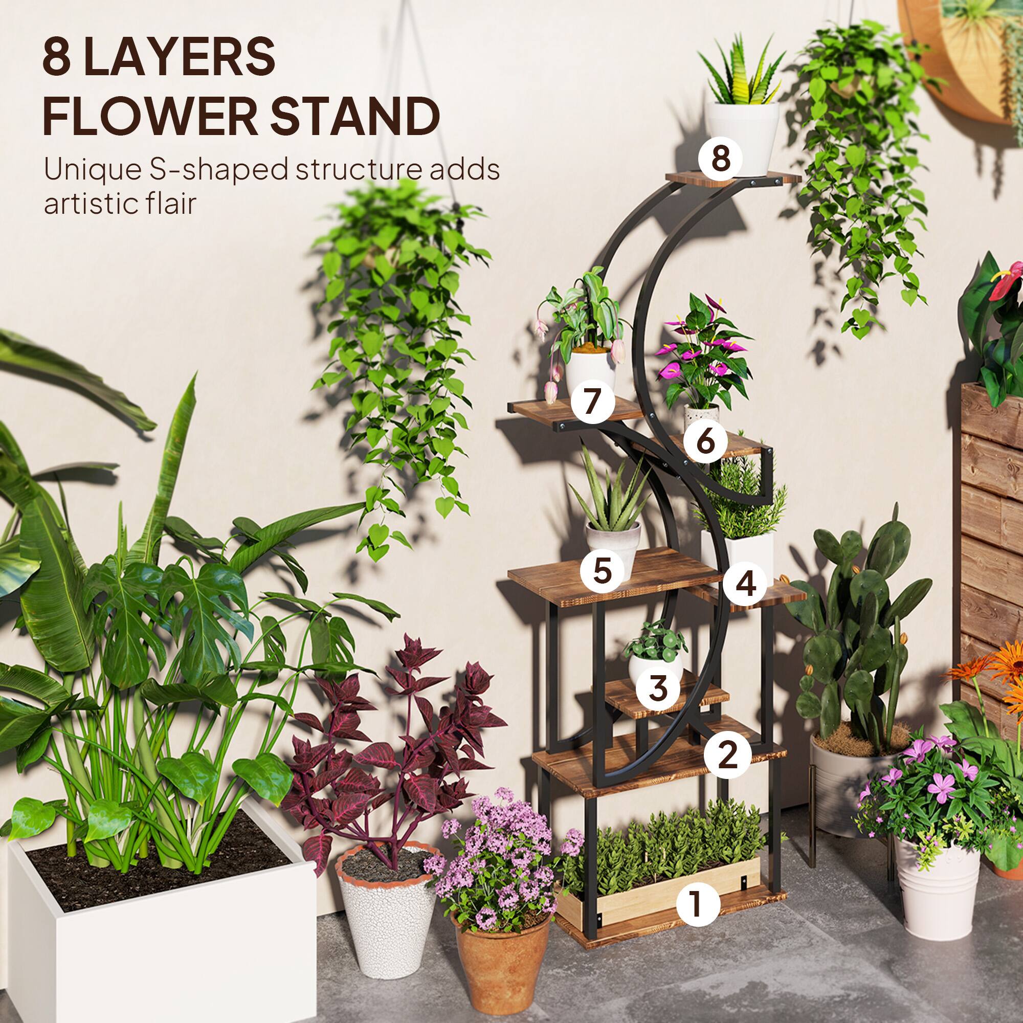 8 LAYERS FLOWER STAND  
Unique S-shaped structure adds artistic flair  

8  
7  
6  
5  
4  
3  
2  
1