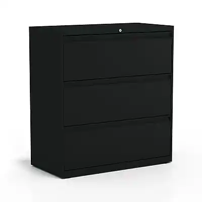 Front. Staples - HL8000 3-Drawer Lateral File Cabinet, Letter/Legal Size, Lockable, 40.25"H x 36"W x 18.63"D, Black (60941/17634) - Black.