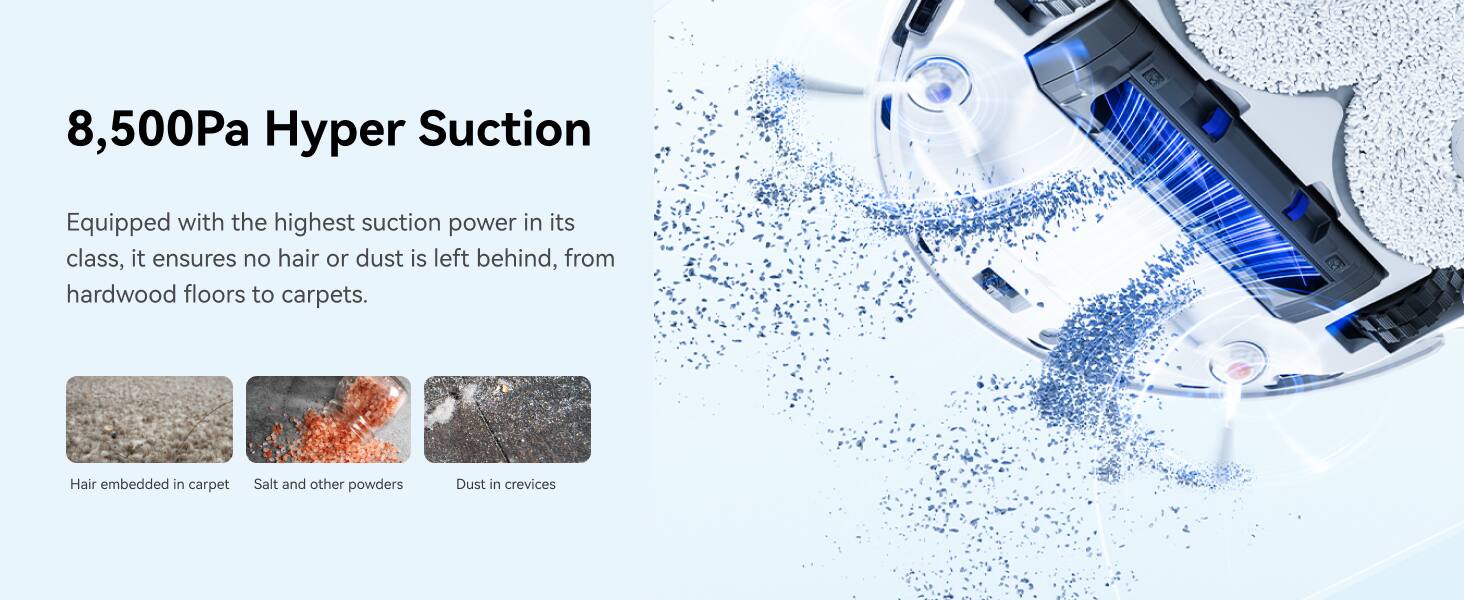 The text on the image is grouped and corrected as follows:

8,500Pa Hyper Suction: Equipped with the highest suction power in its class, it ensures no hair or dust is left behind, from hardwood floors to carpets.

Hair embedded in carpet: Salt and other powders

Dust in crevices: