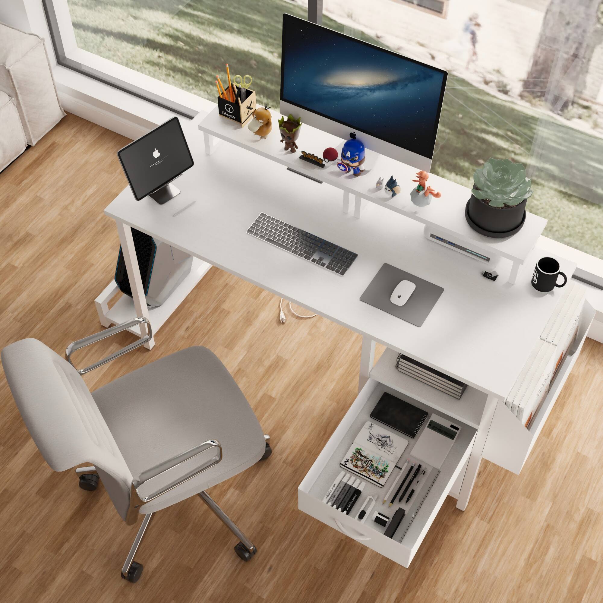 Alt View 4. Tiramisubest - 47" Computer Desk with 2 Fabric Drawers & Outlets,Office Desk with 2 Monitor Stands,Side Pocket,Shelves & Hooks,White - White.