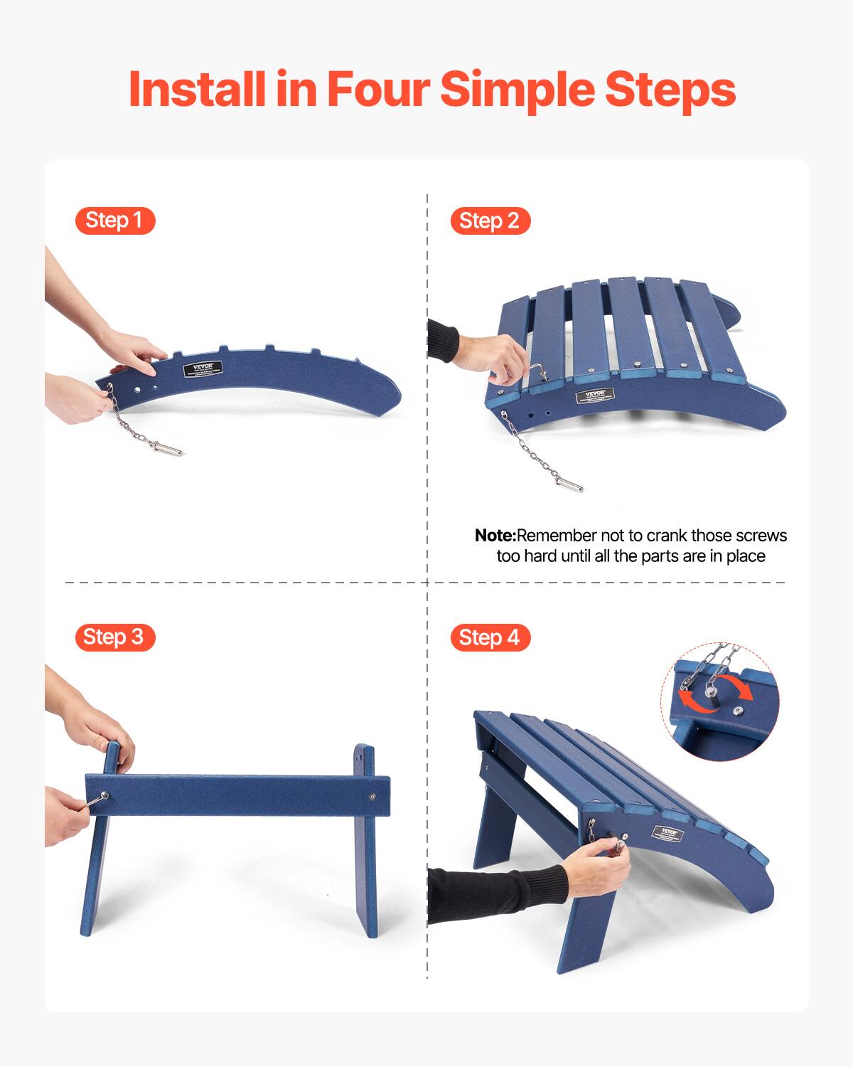 Install in Four Simple Steps

Step 1

Step 2

Note: Remember not to crank those screws too hard until all the parts are in place

Step 3

Step 4