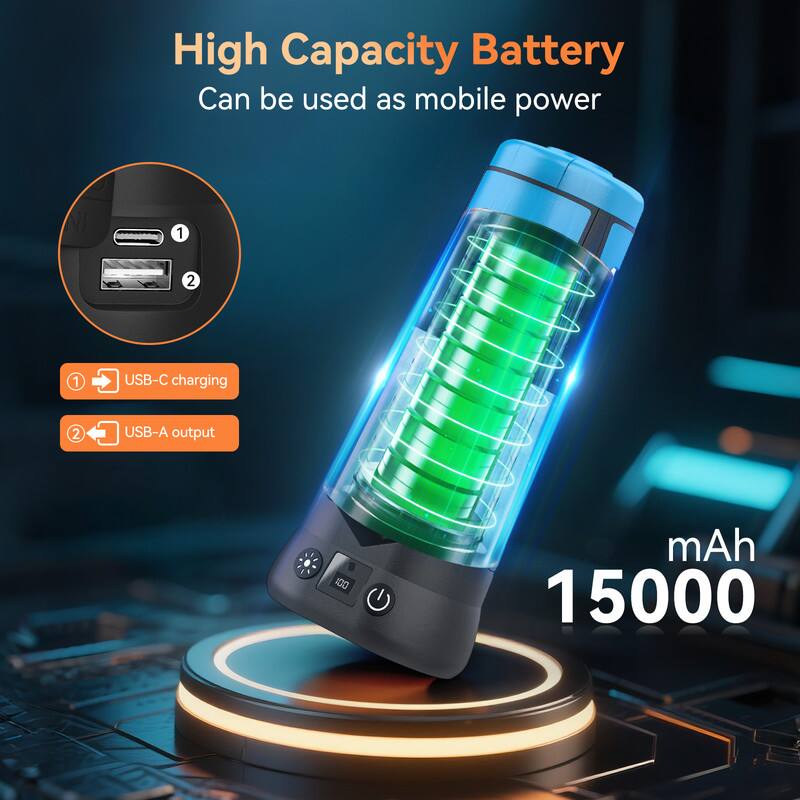 High Capacity Battery  
Can be used as mobile power  

1. USB-C charging  
2. USB-A output  

mAh 15000