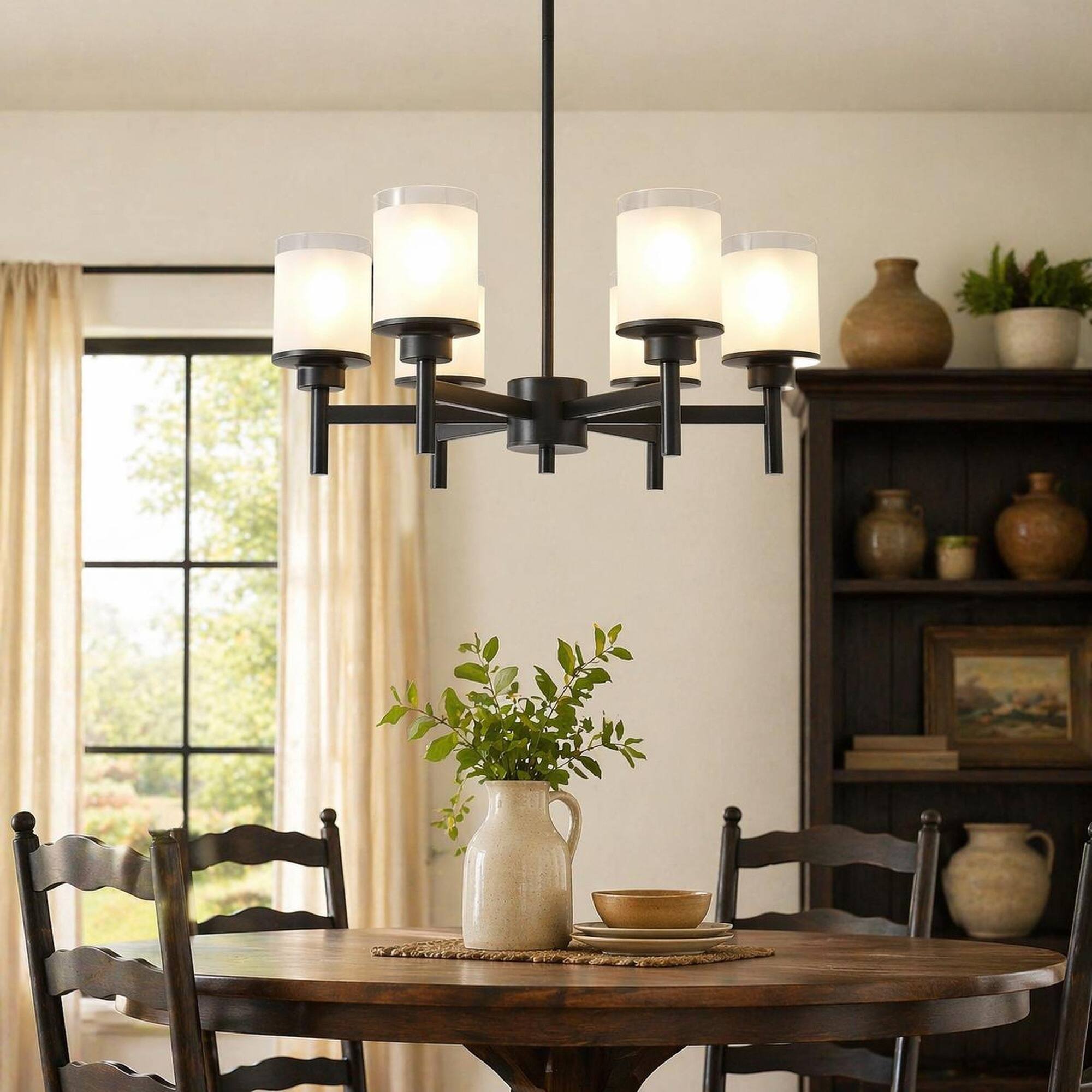 Left. RYHNUYNE - 6-Light Frosted Glass Farmhouse Chandelier with Adjustable Hanging Rods, Black Metal Industrial Pendant Light.