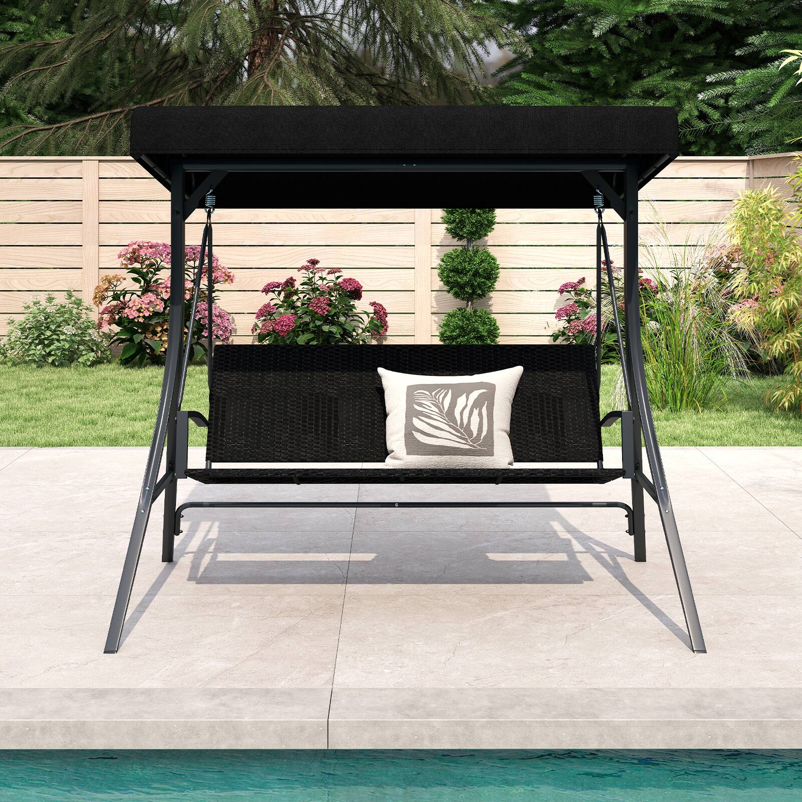 Alt View 4. Gymax - Gymax 3-Person Porch Swing w/ Stand w/ Rattan Seat Back Metal Frame Adjustable Shade - Black.
