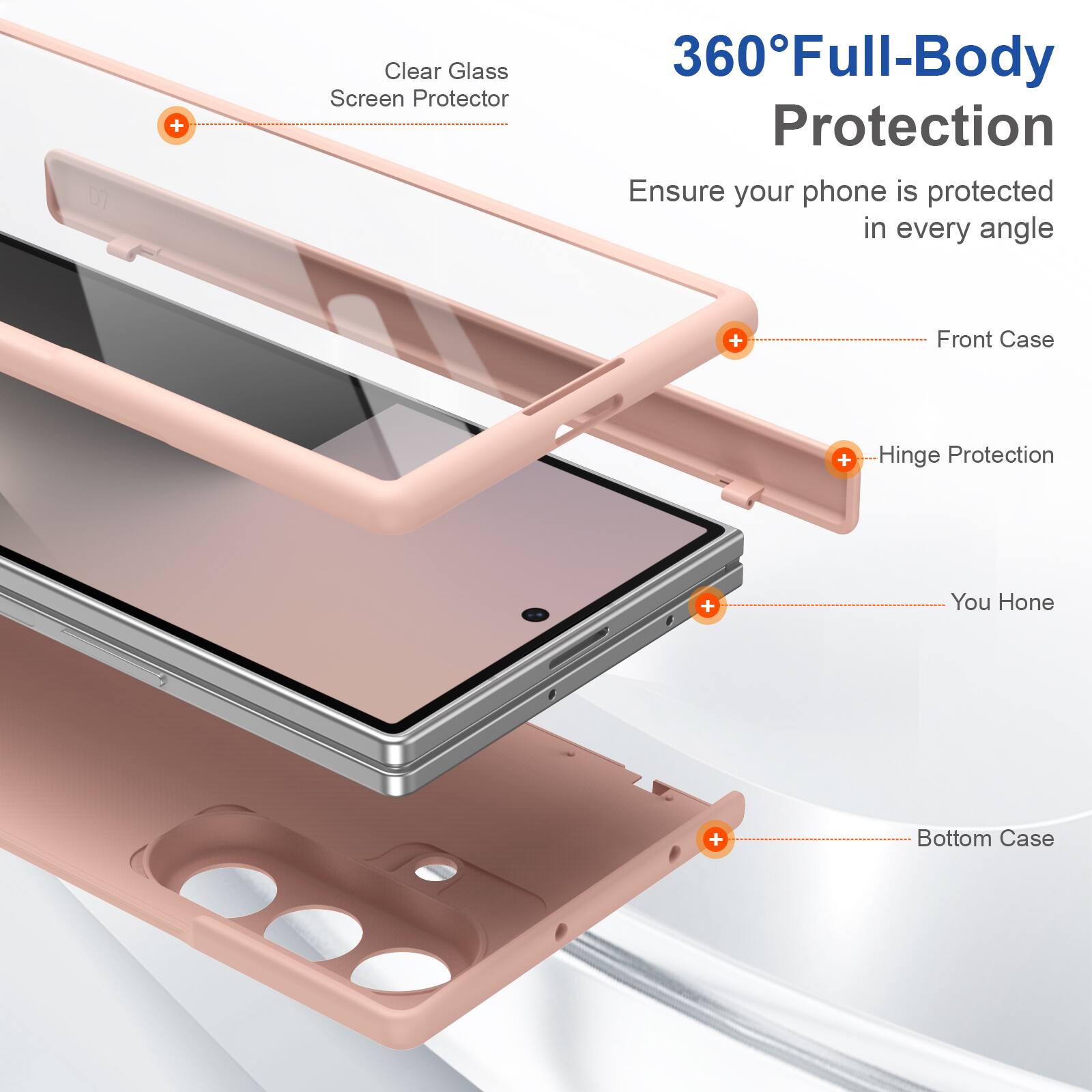 Clear Glass Screen Protector  
360° Full-Body Protection  
Ensure your phone is protected in every angle  
Front Case  
Hinge Protection  
You Hone  
Bottom Case