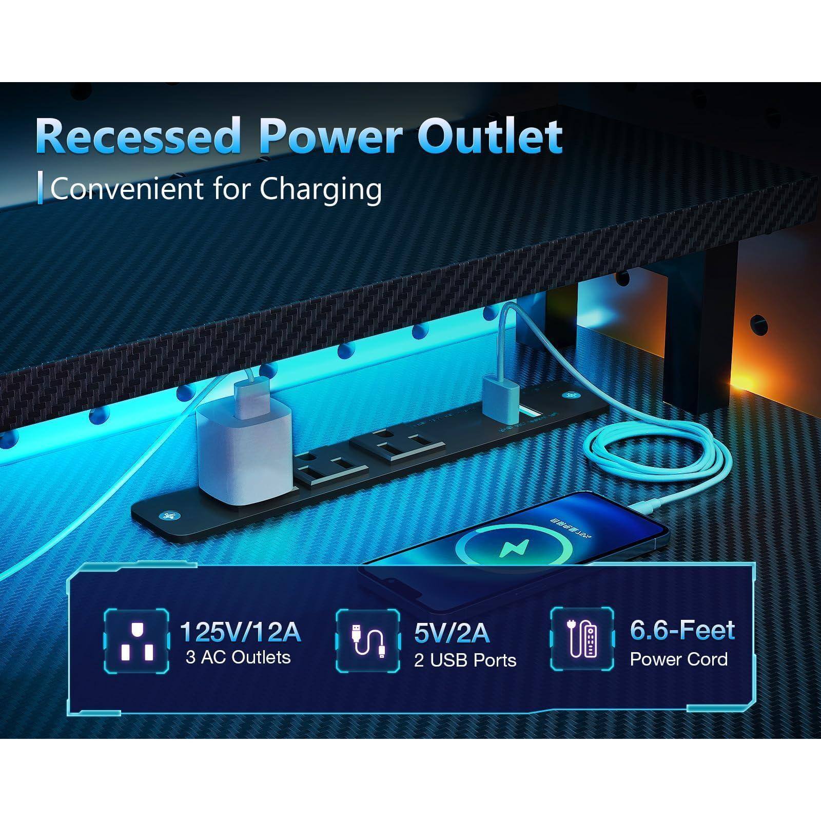 Recessed Power Outlet  
Convenient for Charging  

125V/12A  
3 AC Outlets  

5V/2A  
2 USB Ports  

6.6-Feet Power Cord