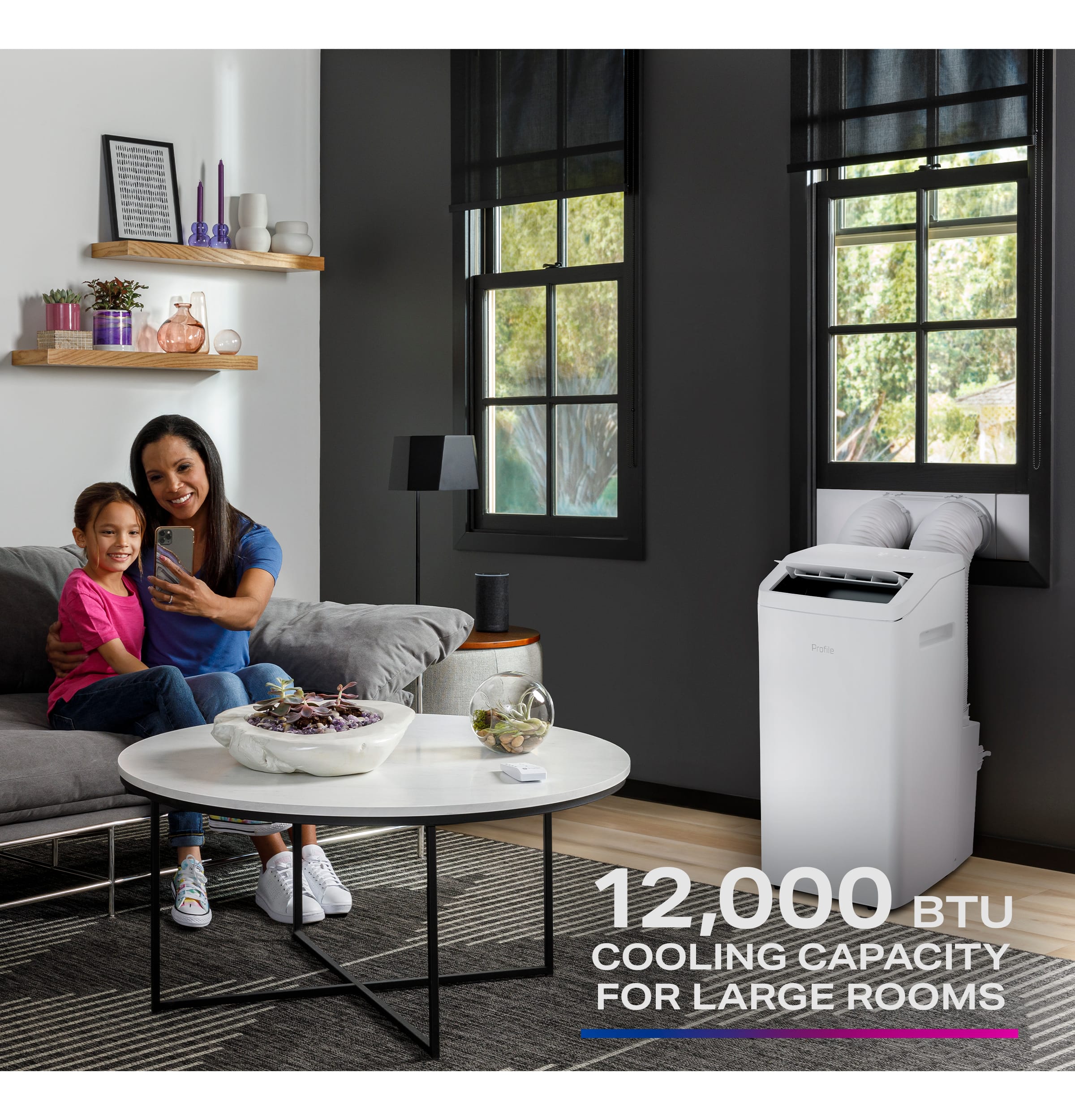 The text on the image reads: "12,000 BTU COOLING CAPACITY FOR LARGE ROOMS".