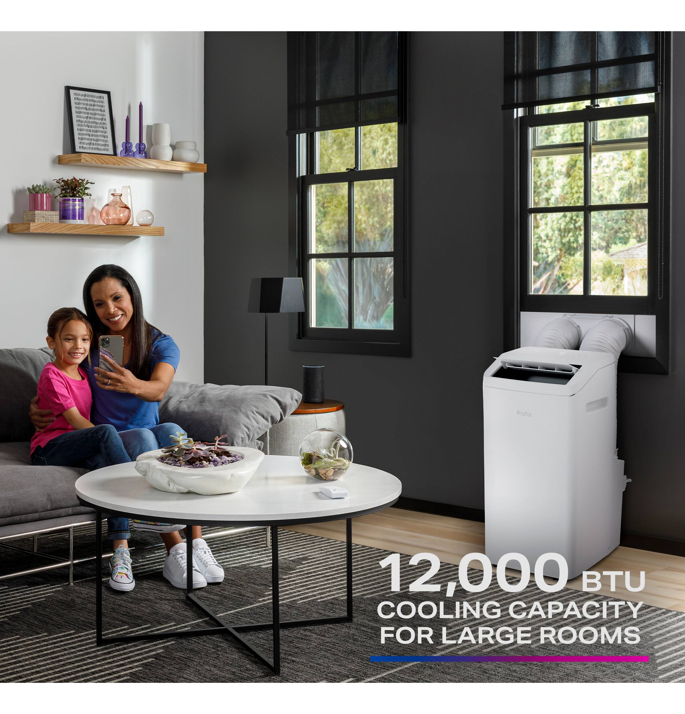 The text on the image reads: "12,000 BTU COOLING CAPACITY FOR LARGE ROOMS".