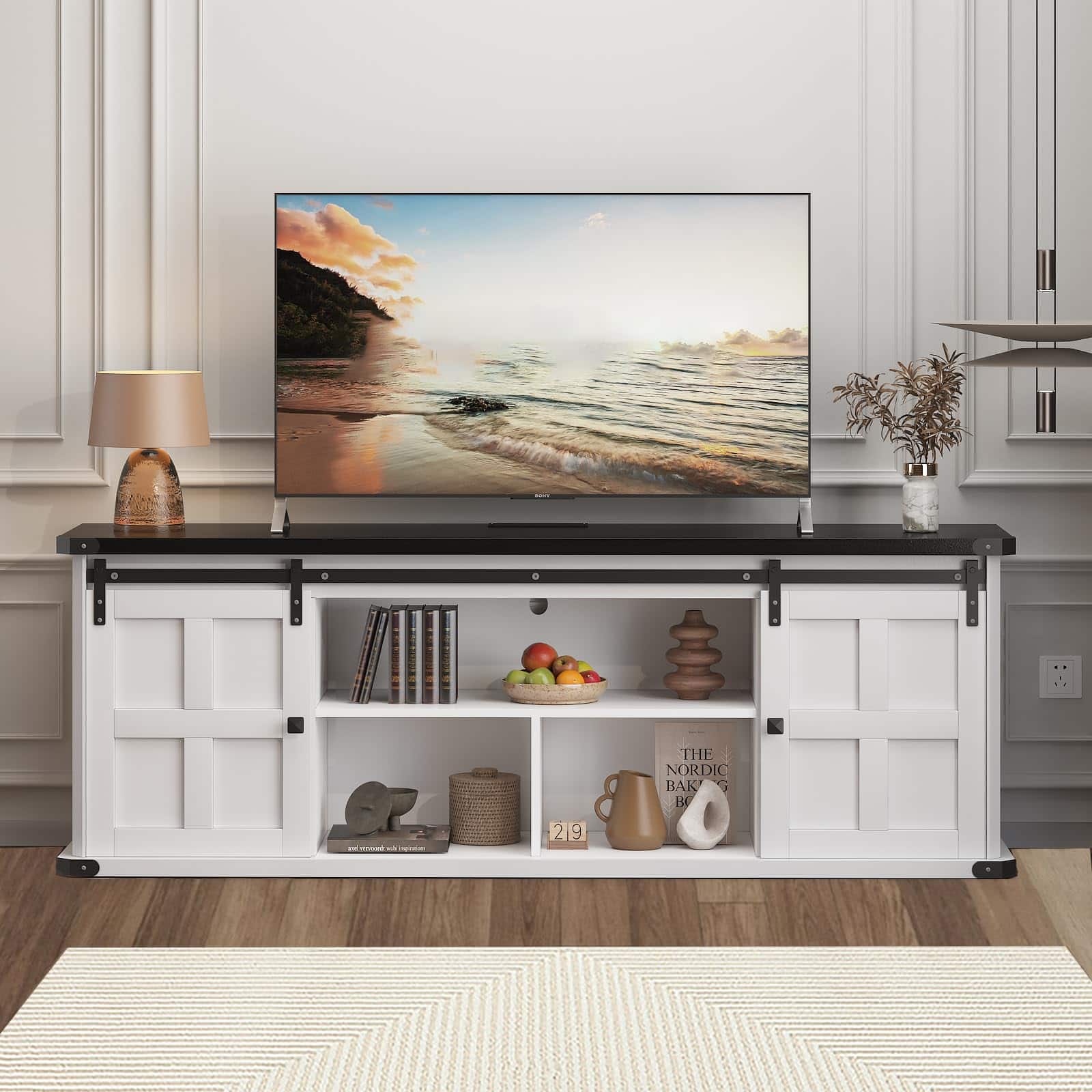 Qeetex - 70" Farmhouse TV Stand for 75" TVs, Sliding Barn Door Entertainment Center with Cabinets & Open Storage - White & Black Top