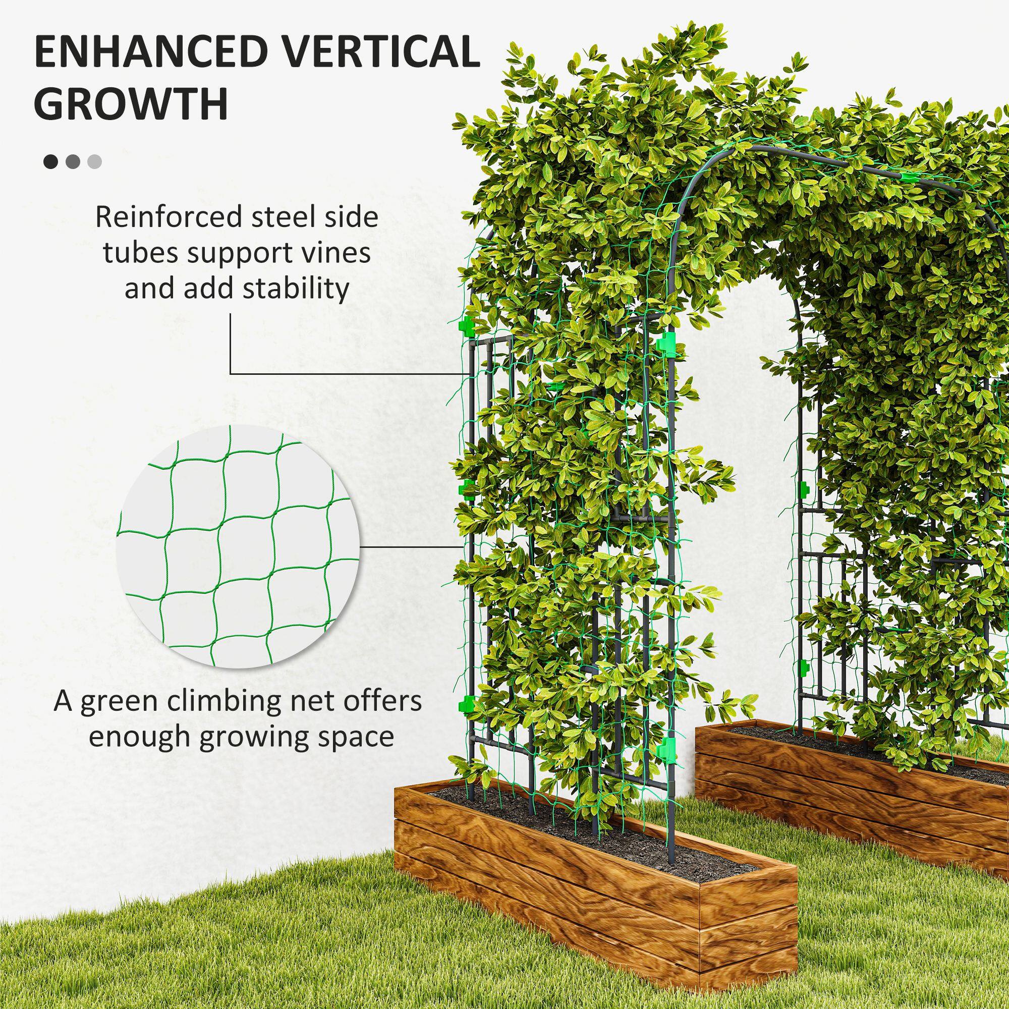 ENHANCED VERTICAL GROWTH

- Reinforced steel side tubes support vines and add stability
- A green climbing net offers enough growing space