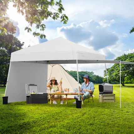 Front. Mondawe - 14 x 9.2 FT Pop-Up Canopy Tent with 2 Convertible Sidewalls and Stakes - White.