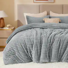 Dazzed Corner - Fleece Queen Comforter Set -Super Soft & Warm Fluffy Bedding - Light Gray