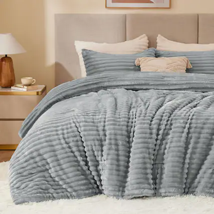 Front. Dazzed Corner - Fleece Queen Comforter Set -Super Soft & Warm Fluffy Bedding - Light Grey.