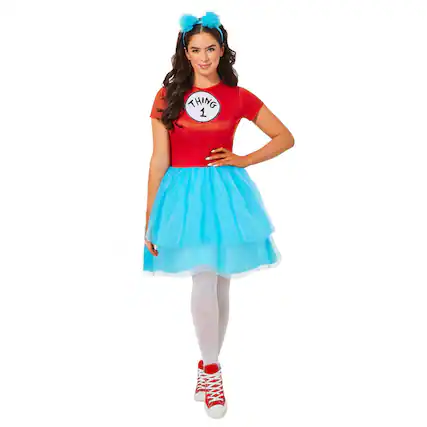 Front. InSpirit Designs - Dr Seuss Cat In The Hat Thing Dress Adult Costume | Small - Multi-Colored.