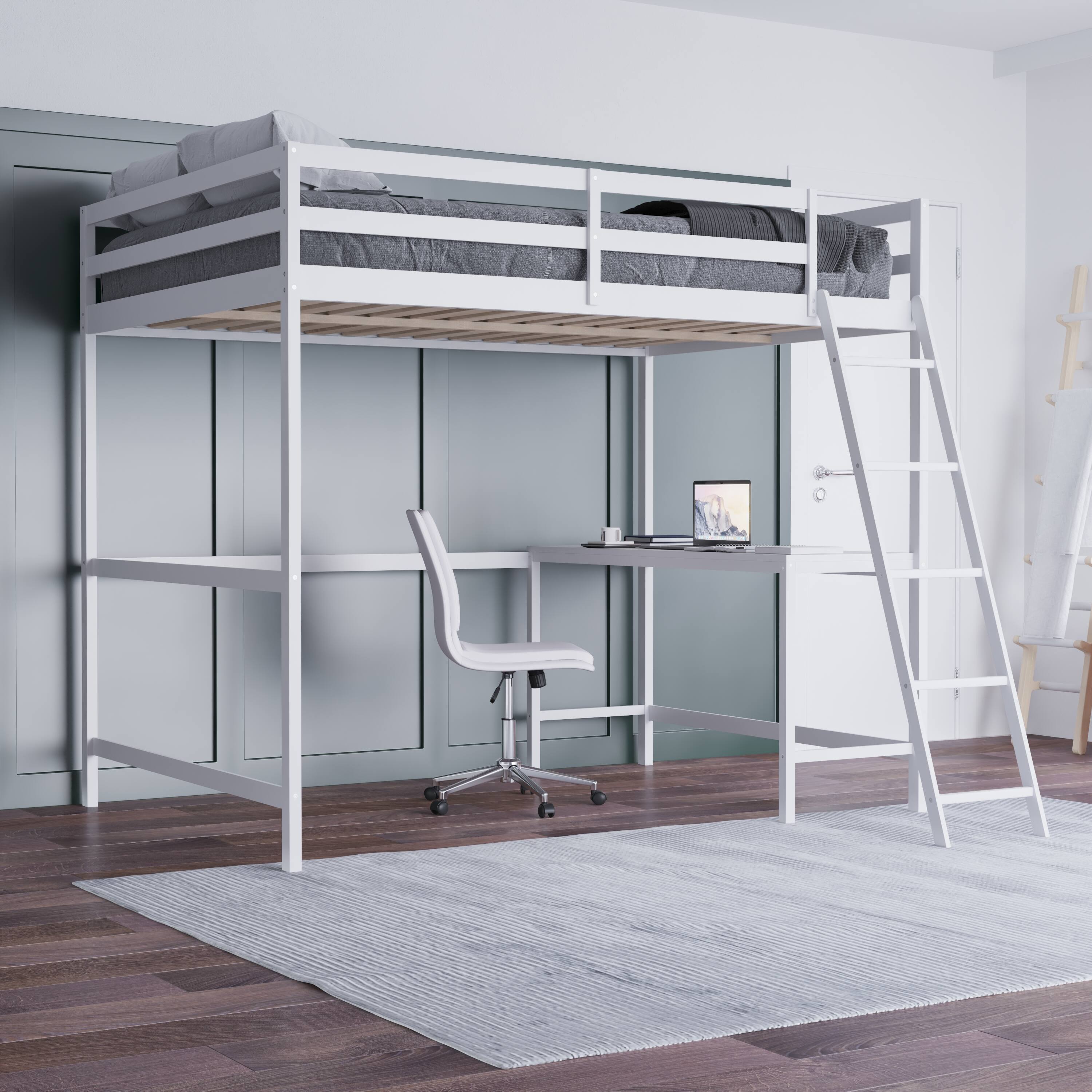 Alt View 3. Emma + Oliver - Wooden Loft Bed Frame with Integrated Desk and Ladder - White.