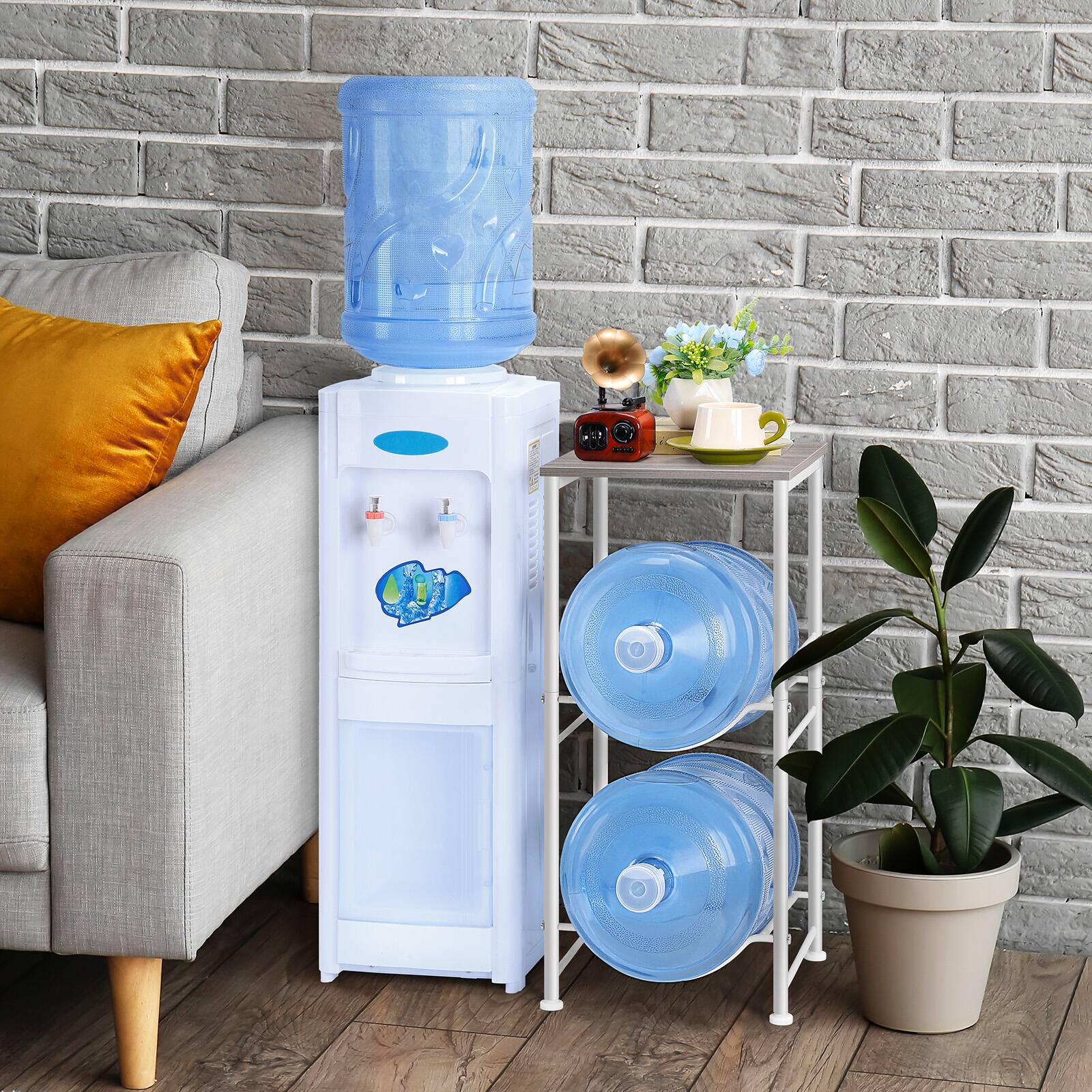 Alt View 3. Oumilen - 2-Tier Water Jug Rack with Detachable Top Shelf, White Metal Frame & Grey Oak Board - White.