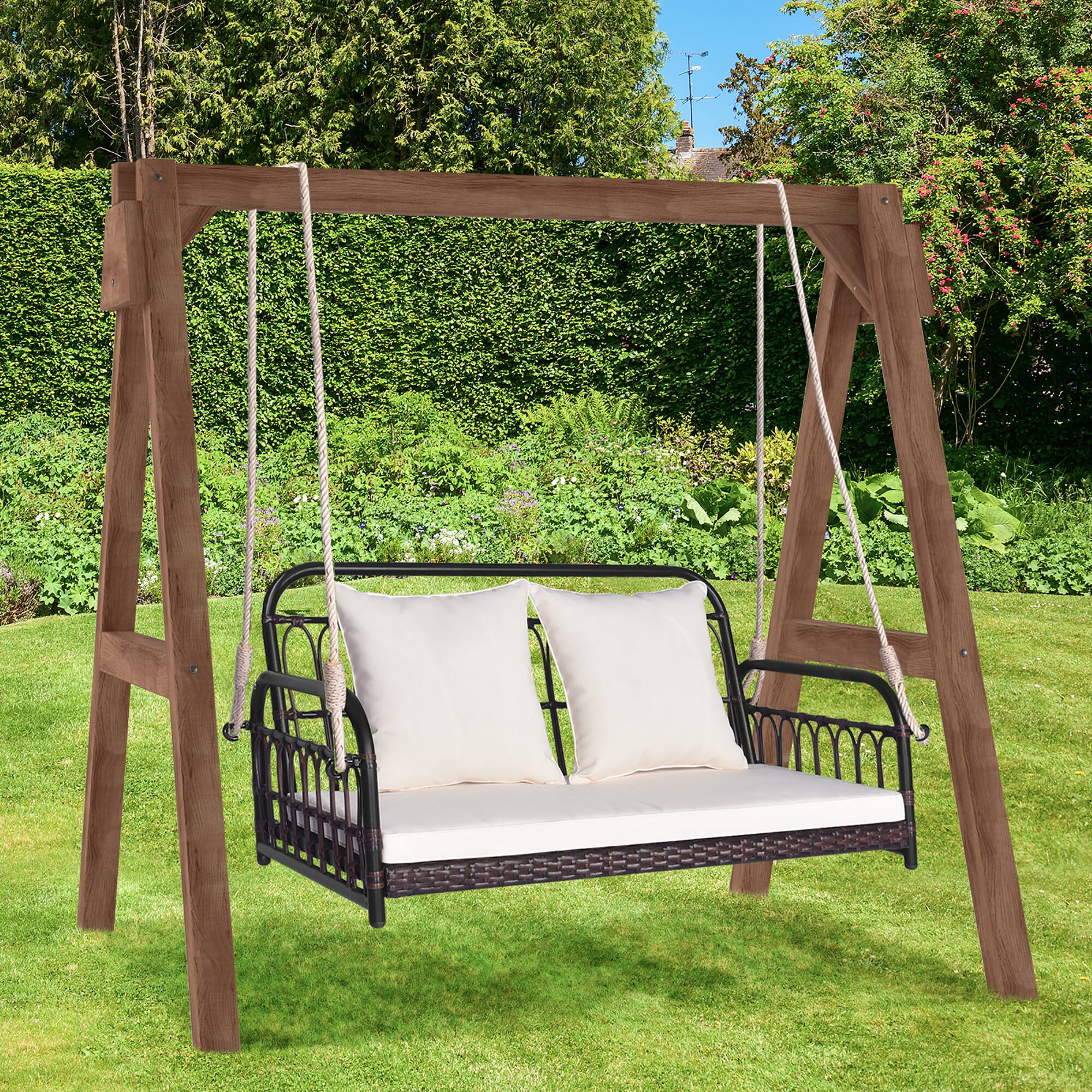 Alt View 1. Gymax - Gymax Wicker Porch Swing 2-Person Outdoor Patio Hanging Chair w/ Cushions Mix Brown - Mix Brown, White.