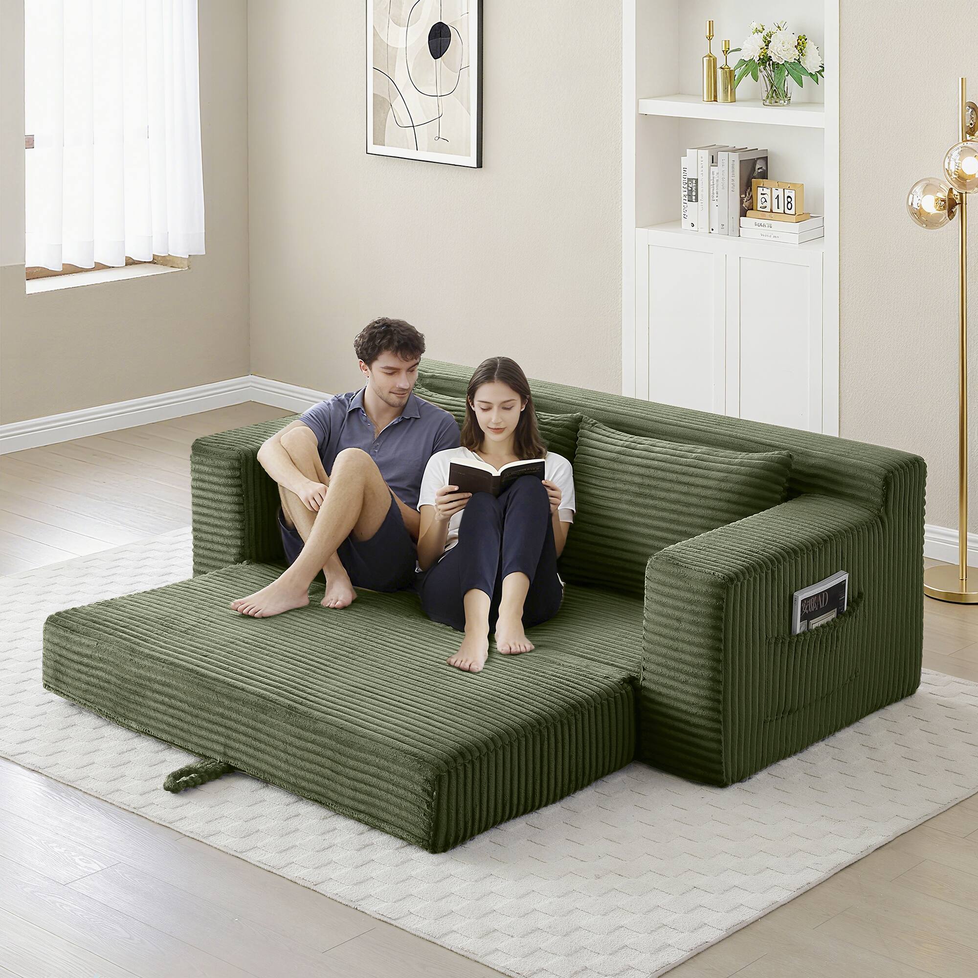 Left. Trinkets Crazed - Memory Foam Cloud Loveseat Sofa,2 in 1 Convertible Folding Couch Bed,No Assembly Compressed Corduroy Floor Lounge Sofa - Green.