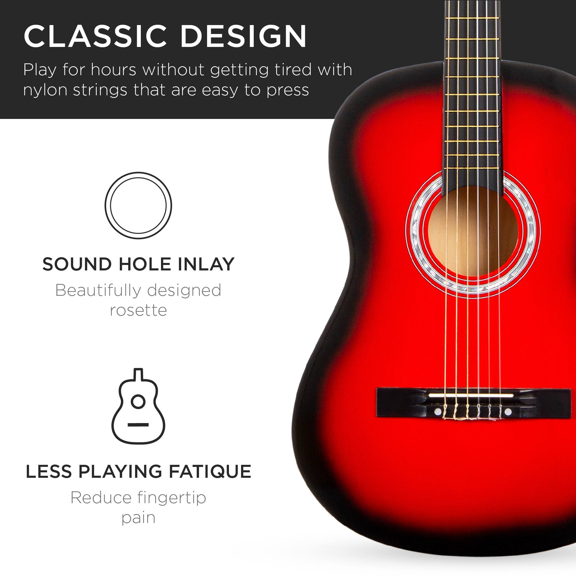 **CLASSIC DESIGN**  
Play for hours without getting tired with nylon strings that are easy to press

**SOUND HOLE INLAY**  
Beautifully designed rosette

**LESS PLAYING FATIGUE**  
Reduce fingertip pain