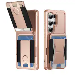Dteck - Rugged Wallet Case for Samsung Galaxy S26 Ultra, Shockproof Protective Cover with Elastic Card Holder and Kickstand - Rosegold