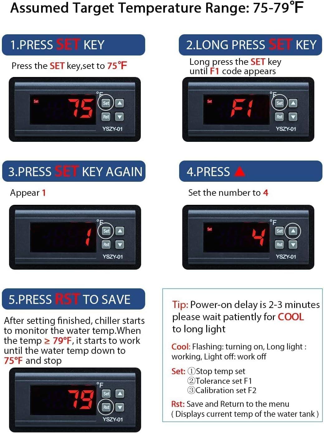 Assumed Target Temperature Range: 75-79°F

1. PRESS SET KEY
   - Press the SET key, set to 75°F

2. LONG PRESS SET KEY
   - Long press the SET key until F1 code appears

3. PRESS SET KEY AGAIN
   - Appear 1

4. PRESS ▲
   - Set the number to 4

5. PRESS RST TO SAVE
   - After setting finished, chiller starts to monitor the water temp. When the temp ≥ 79°F, it starts to work until the water temp down to 75°F and stop

Tip: Power-on delay is 2-3 minutes please wait patiently for COOL to long light

Cool: Flashing: turning on, Long light: working, Light off: work off

Set: 1. Stop temp set
     2. Tolerance set F1
     3. Calibration set F2

Rst: Save and Return to the menu (Displays current temp of the water tank)