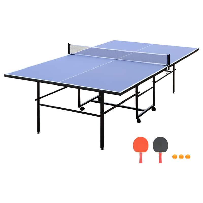 HTUTWOO - Table Tennis Table Set 9ft Mid-Size - Foldable & Portable Ping Pong Table for Indoor Games, Net, 2 Paddles, 3 Balls - Blue