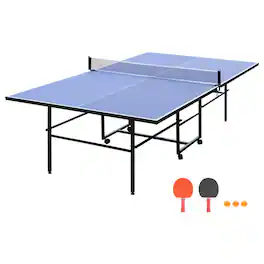 HTUTWOO - Table Tennis Table Set 9ft Mid-Size - Foldable & Portable Ping Pong Table for Indoor Games, Net, 2 Paddles, 3 Balls - Blue
