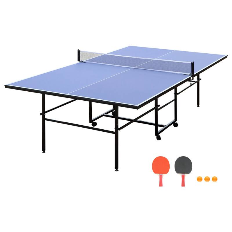 Front. HTUTWOO - Table Tennis Table Set 9ft Mid-Size - Foldable & Portable Ping Pong Table for Indoor Games, Net, 2 Paddles, 3 Balls - Blue.