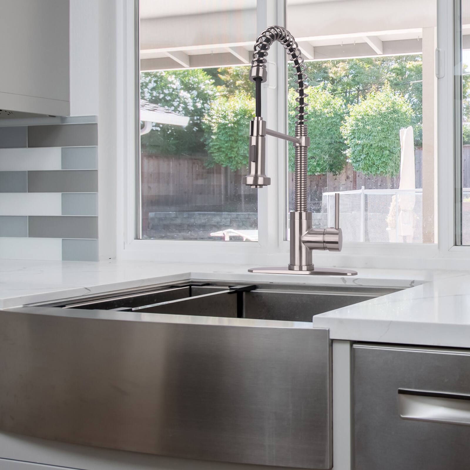 Alt View 7. Akicon - Akicon Pre-Rinse Spring Single Handle Solid Brass Kitchen Faucet with Pull Down Sprayer in Brushed Nickel - Brushed Nickel.