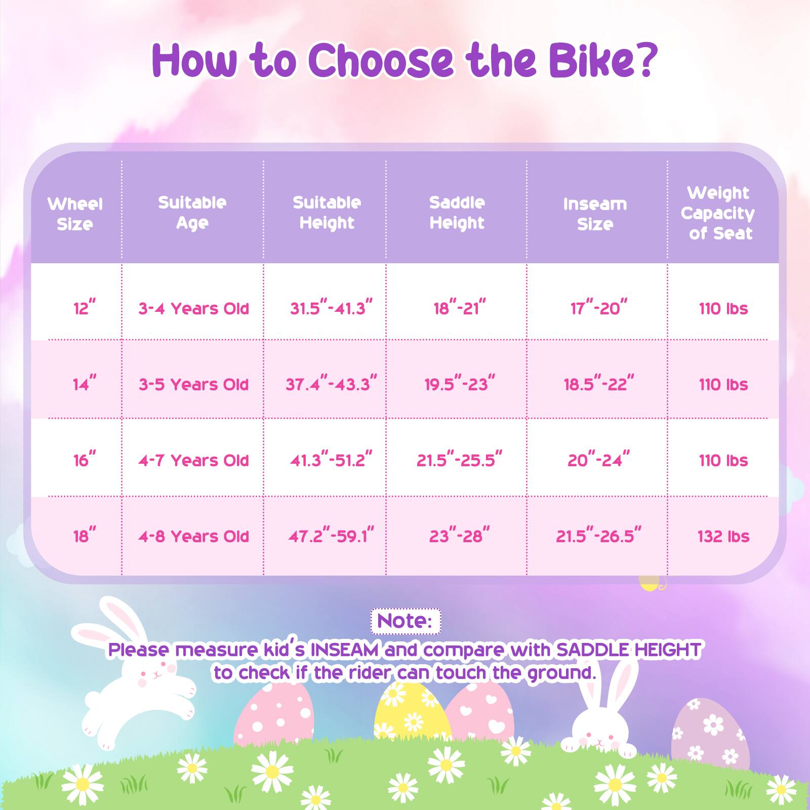 How to Choose the Bike?

Wheel Size | Suitable Age | Suitable Height | Saddle Height | Inseam Size | Weight Capacity of Seat

12" | 3-4 Years Old | 31.5"-41.3" | 18"-21" | 17"-20" | 110 lbs

14" | 3-5 Years Old | 37.4"-43.3" | 19.5"-23" | 18.5"-22" | 110 lbs

16" | 4-7 Years Old | 41.3"-51.2" | 21.5"-25.5" | 20"-24" | 110 lbs

18" | 4-8 Years Old | 47.2"-59.1" | 23"-28" | 21.5"-26.5" | 132 lbs

Note: Please measure kid's INSEAM and compare with SADDLE HEIGHT to check if the rider can touch the ground.