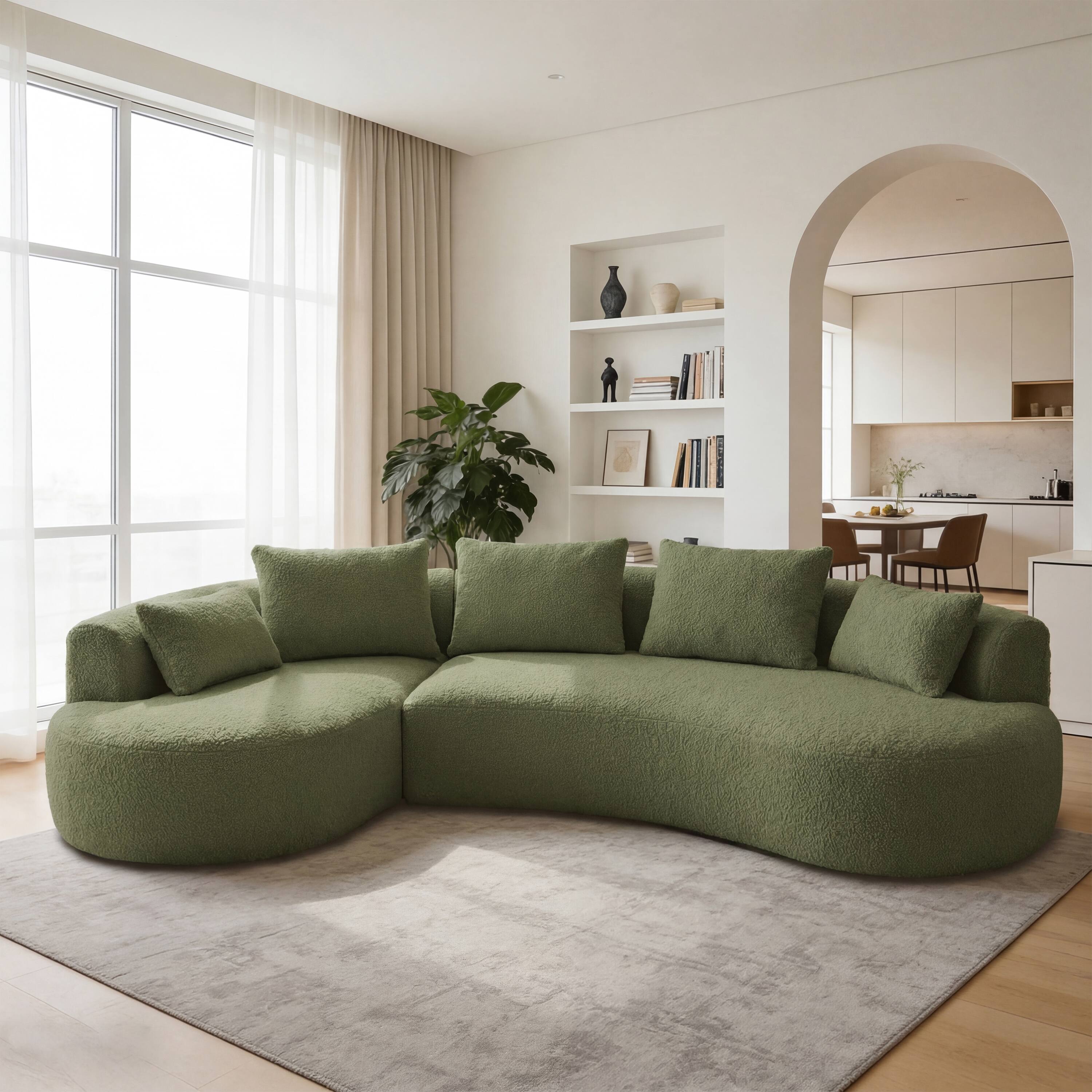 Angle. Dyonery - 122" Modern Curved Sectional Sofa with Chaise, Boneless Couch with 5 Throw Pillows for Living Room - Green.