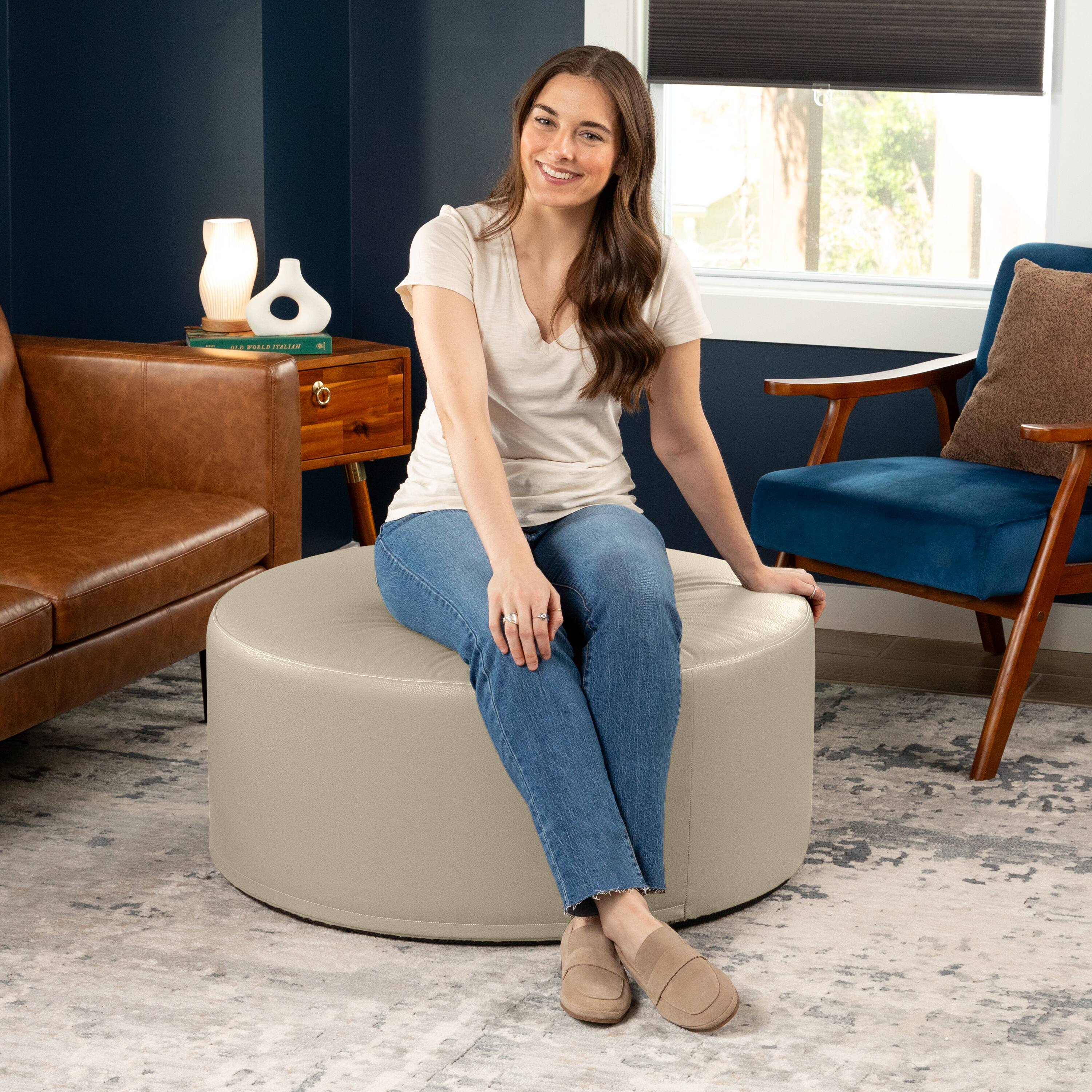 Left. Jaxx - Jaxx Candler Round Couch Oversized Giant Coffee Table Ottoman, Kid Safe with Removable Cover, Natural - Faux Leather Natural.