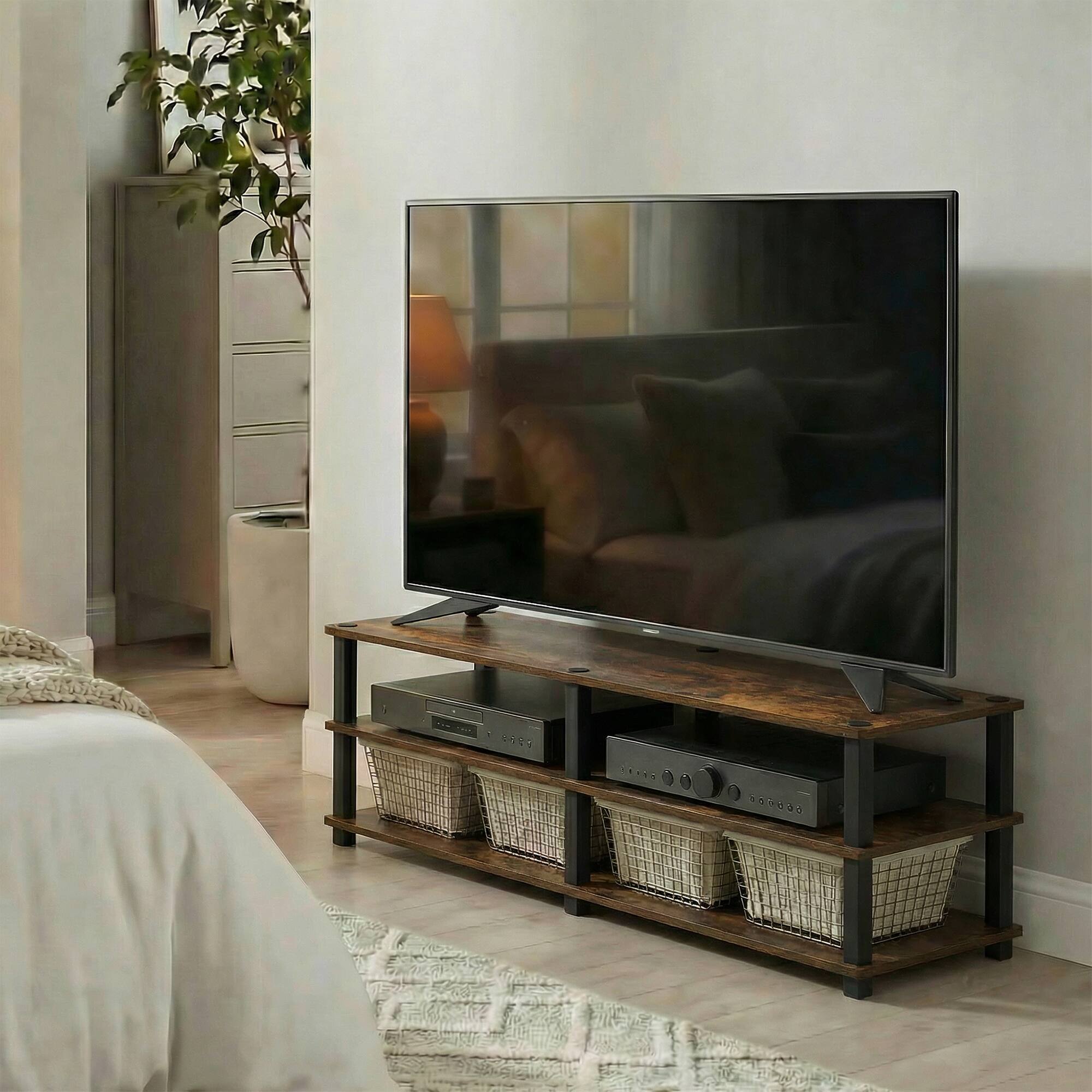 Alt View 2. Furinno - TURN-S-TUBE TV Stand, 3-Tier Open Frame Design Entertainment Center, TV Console for TV up to 46 Inch, Toolless Assembly - Amber Pine/Black.