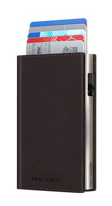 Tru Virtu - CLICK & SLIDE Sleek Nappa Wallet - Brown/Silver