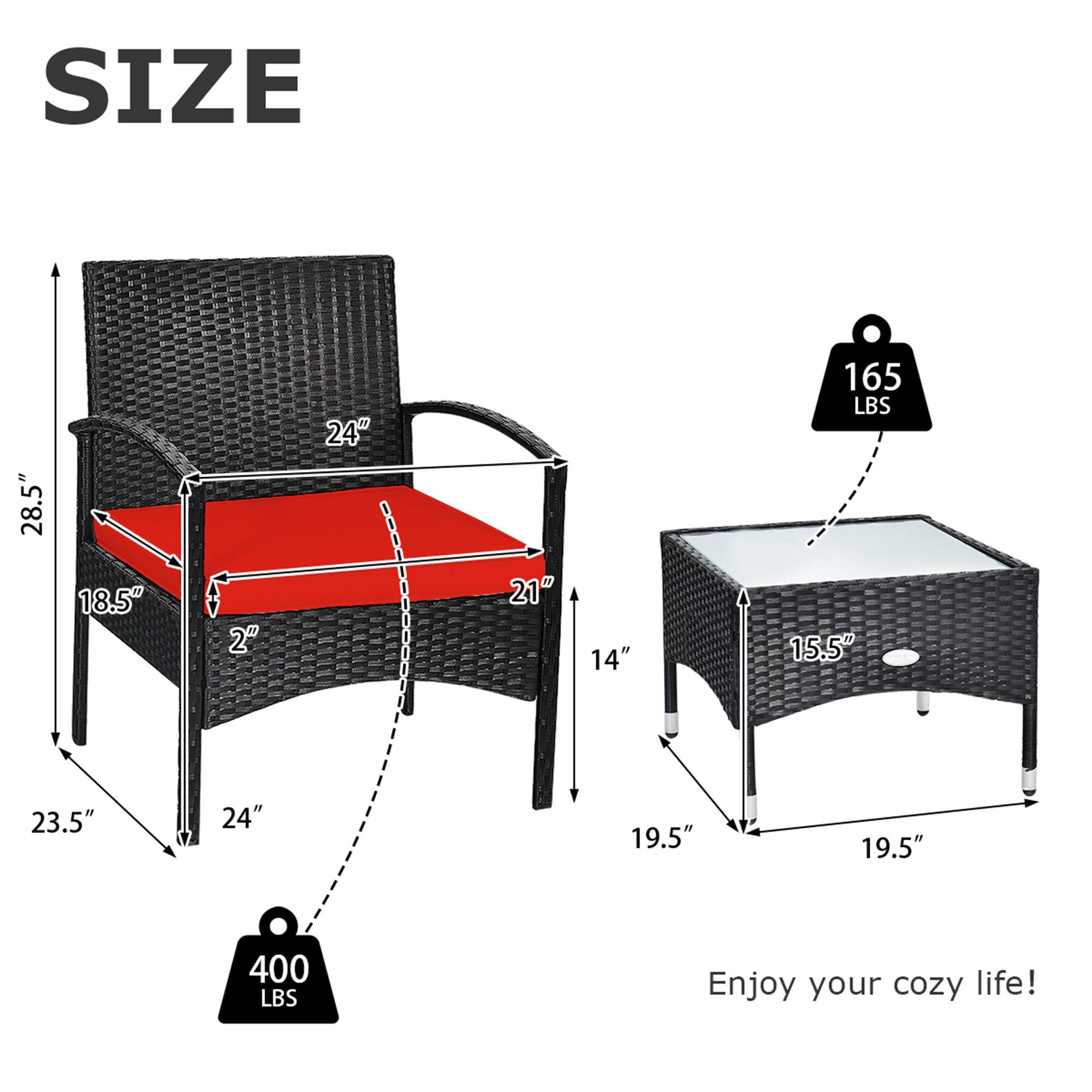Sure, here is the corrected and grouped text from the image:

**SIZE**

- 28.5" (height of the chair)
- 24" (height of the backrest)
- 18.5" (depth of the seat)
- 2" (thickness of the seat)
- 24" (width of the armrest)
- 21" (depth of the armrest)
- 14" (depth of the table)
- 165 LBS (weight capacity of the chair)
- 15.5" (height of the table)
- 23.5" (width of the table)
- 19.5" (depth of the table)
- 400 LBS (weight capacity of the table)

Enjoy your cozy life!