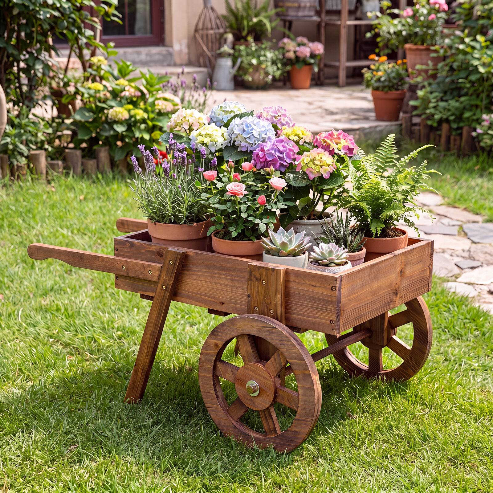 Alt View 1. Costway - Costway Wooden Wagon Planter with Wheels, Carbonized Fir Wood Frame, Handle for Patio - Rustic Brown.