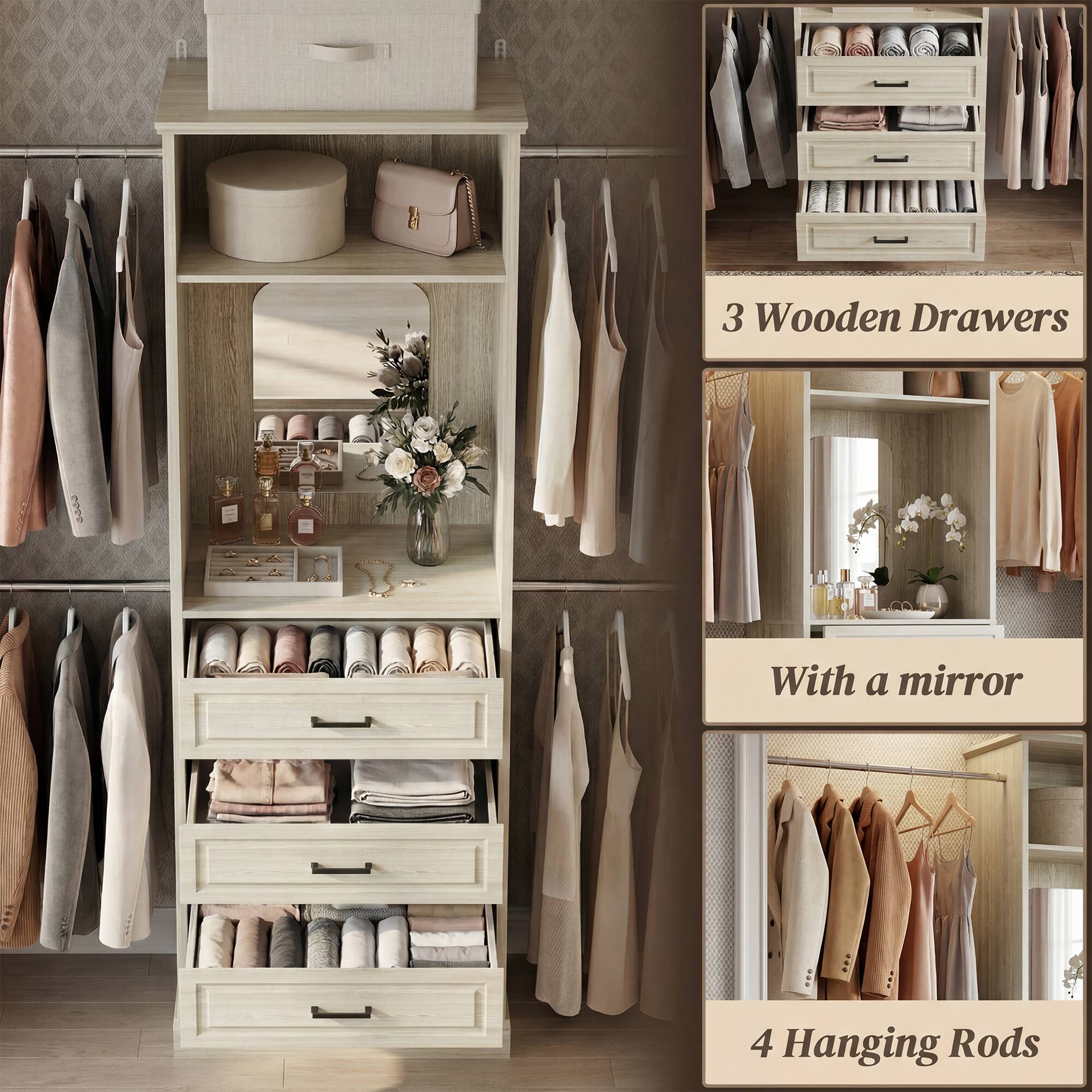 3 Wooden Drawers  
With a mirror  
4 Hanging Rods