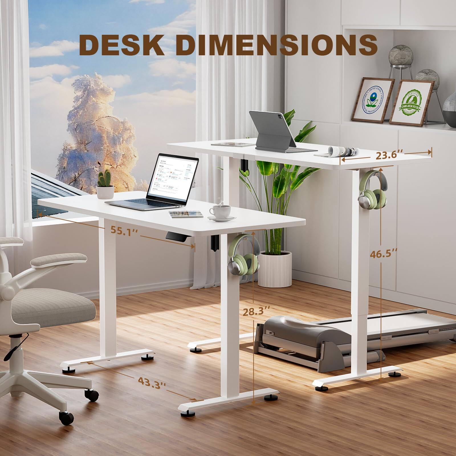 DESK DIMENSIONS  
23.6" x 55.1" x 46.5" x 28.3" x 43.3"