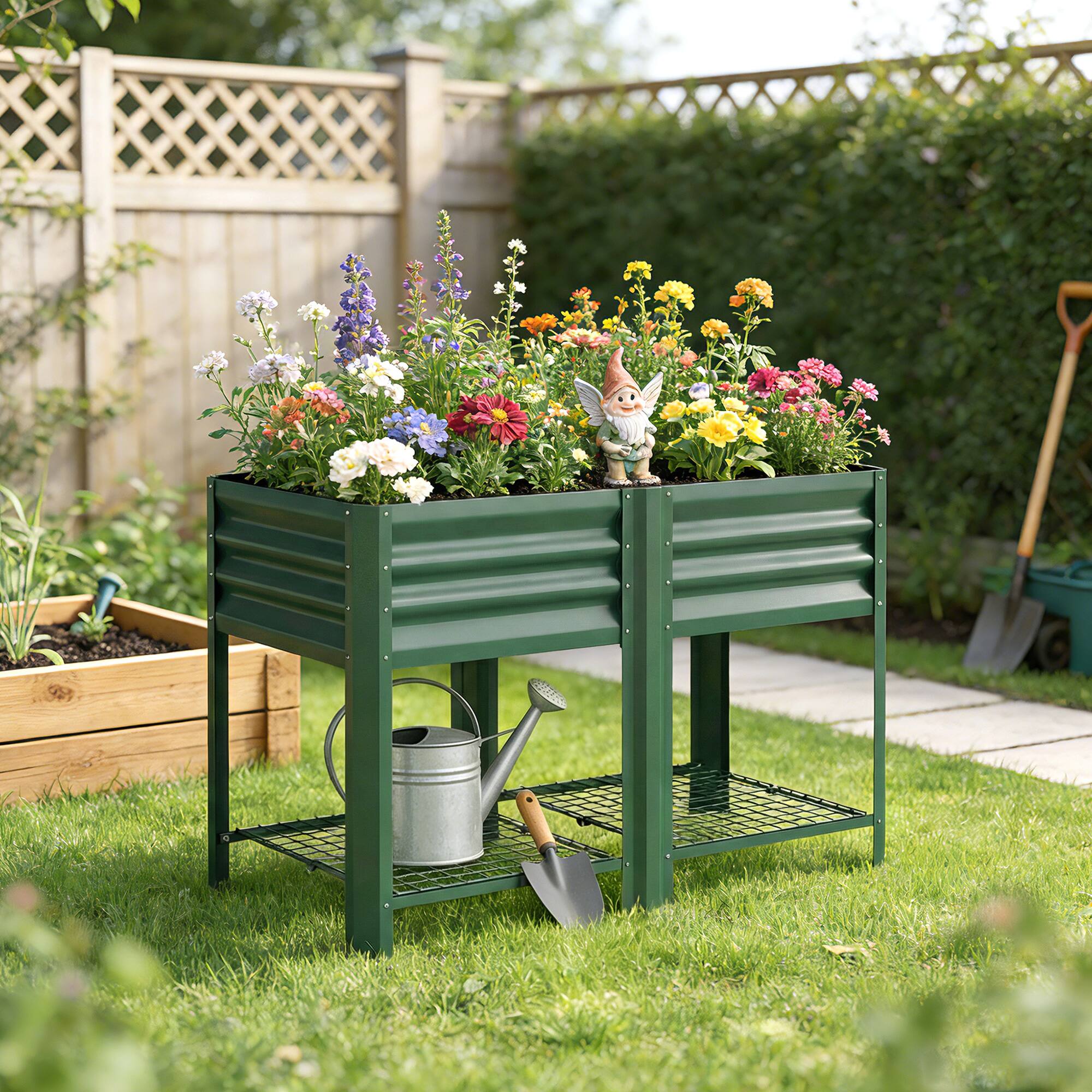 Alt View 8. Outsunny - Garden Bed Galvanized Steel, Elevated Planter Box with Storage Shelf, Bed Liner - Green.
