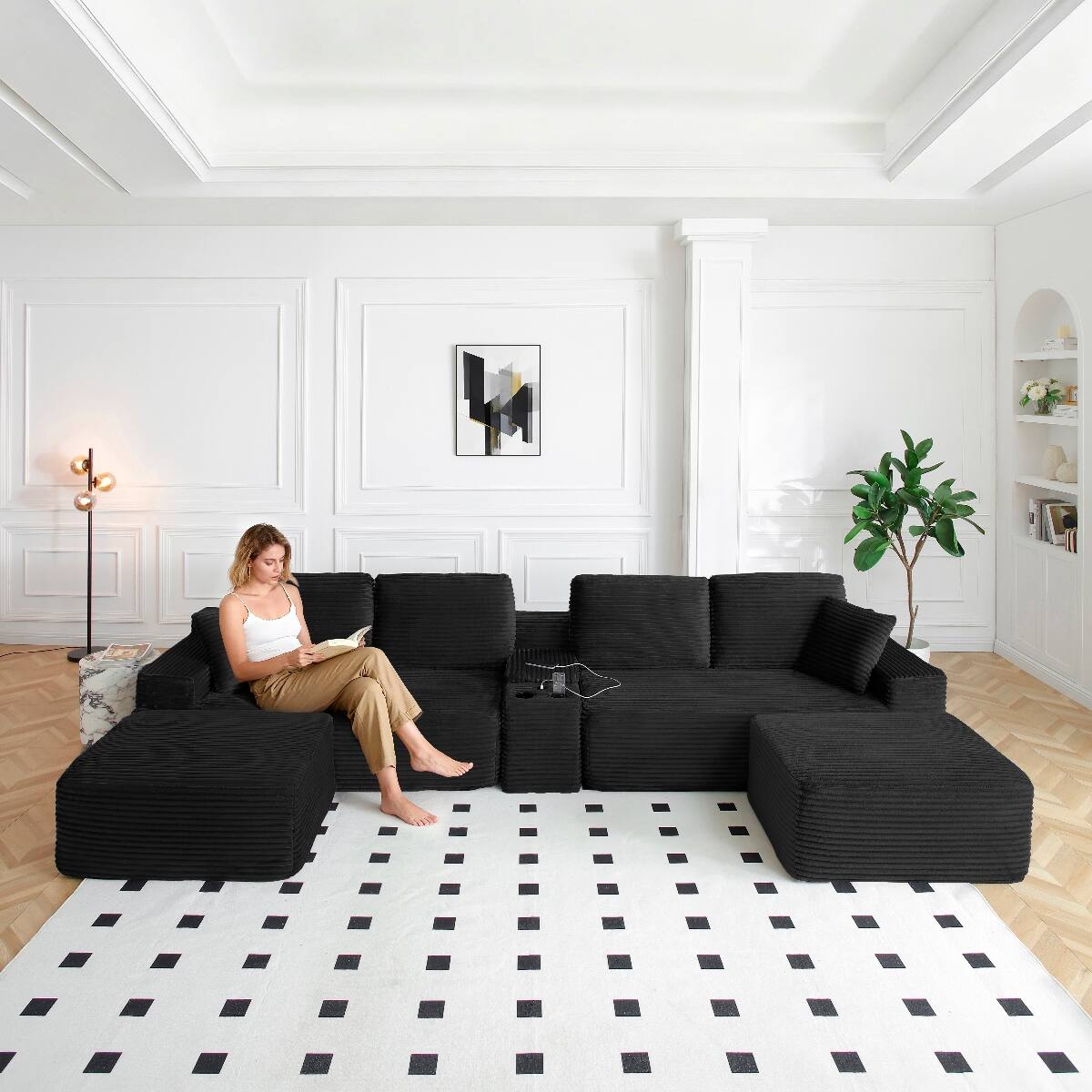 Front. Ropilly - Ropilly U Shaped Sectional Sofa, Deep Seat Cloud Couch in Black Corduroy with Ottomans, USB Ports and Storage - Black.