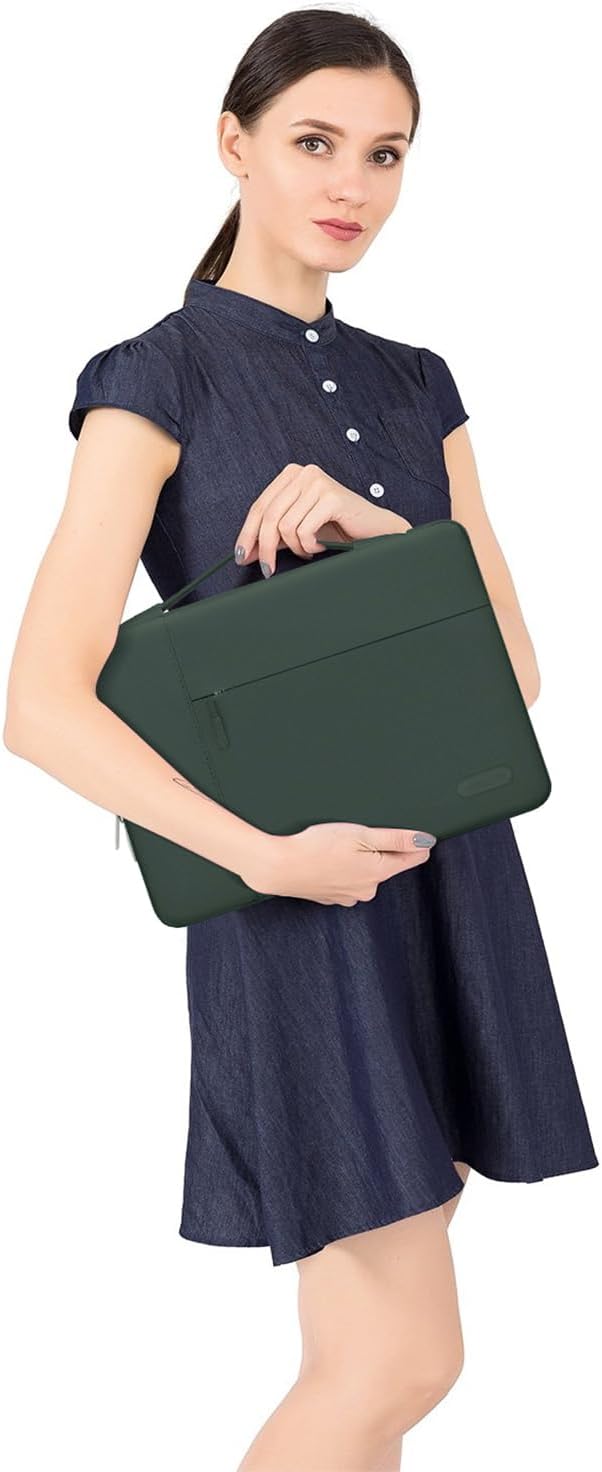 Alt View 1. mosiso - 13.3-inch Slim Laptop Sleeve with Handle, Shock-Resistant Bubble Foam, Two Exterior Pockets - Midnight Green.