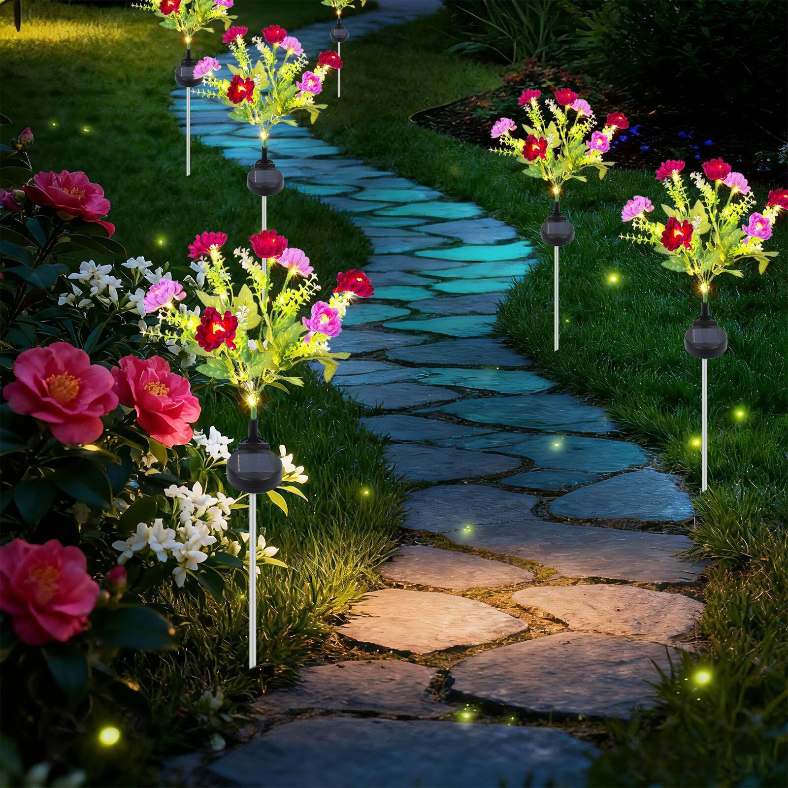 Alt View 1. Oumilen - 6PCS Solar-Powered Flower Stake Lights - Decorative Outdoor Garden Pathway Lights with Artificial Blooms.